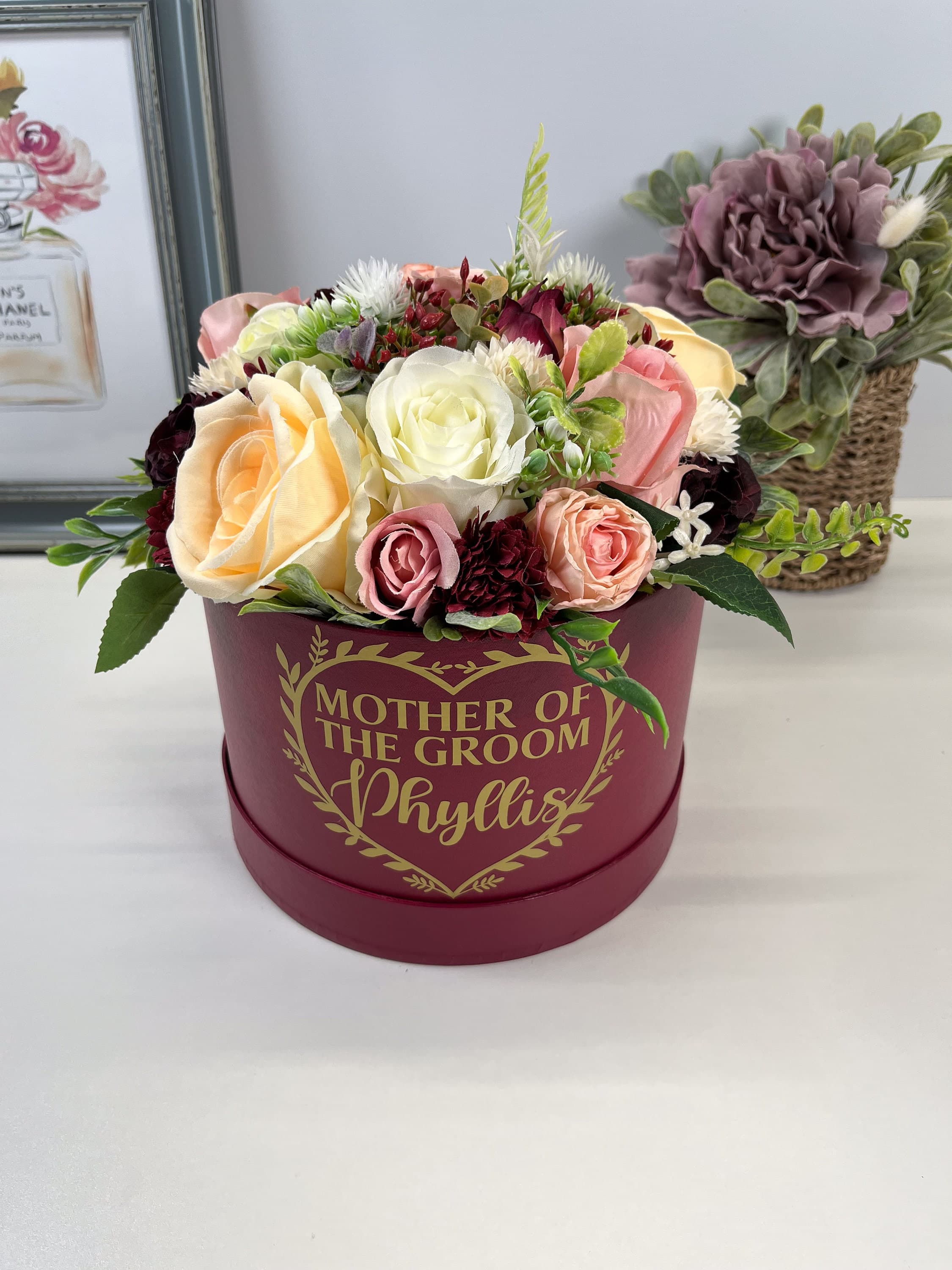 Personalised Wedding Floral Gift Box, Silk Flower Table Centrepiece