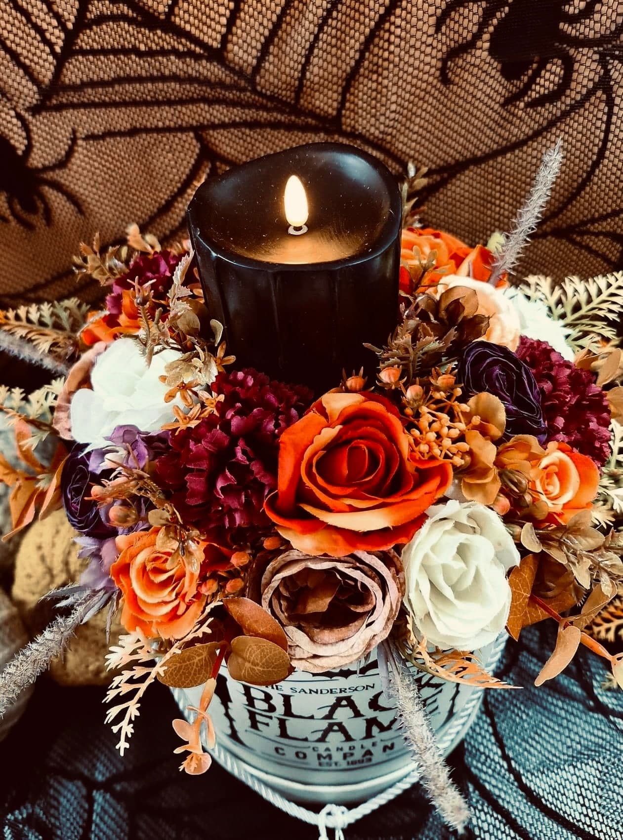Vintage Halloween Floral Arrangement, Black Flame Candle, Apothecary Decor - image 5