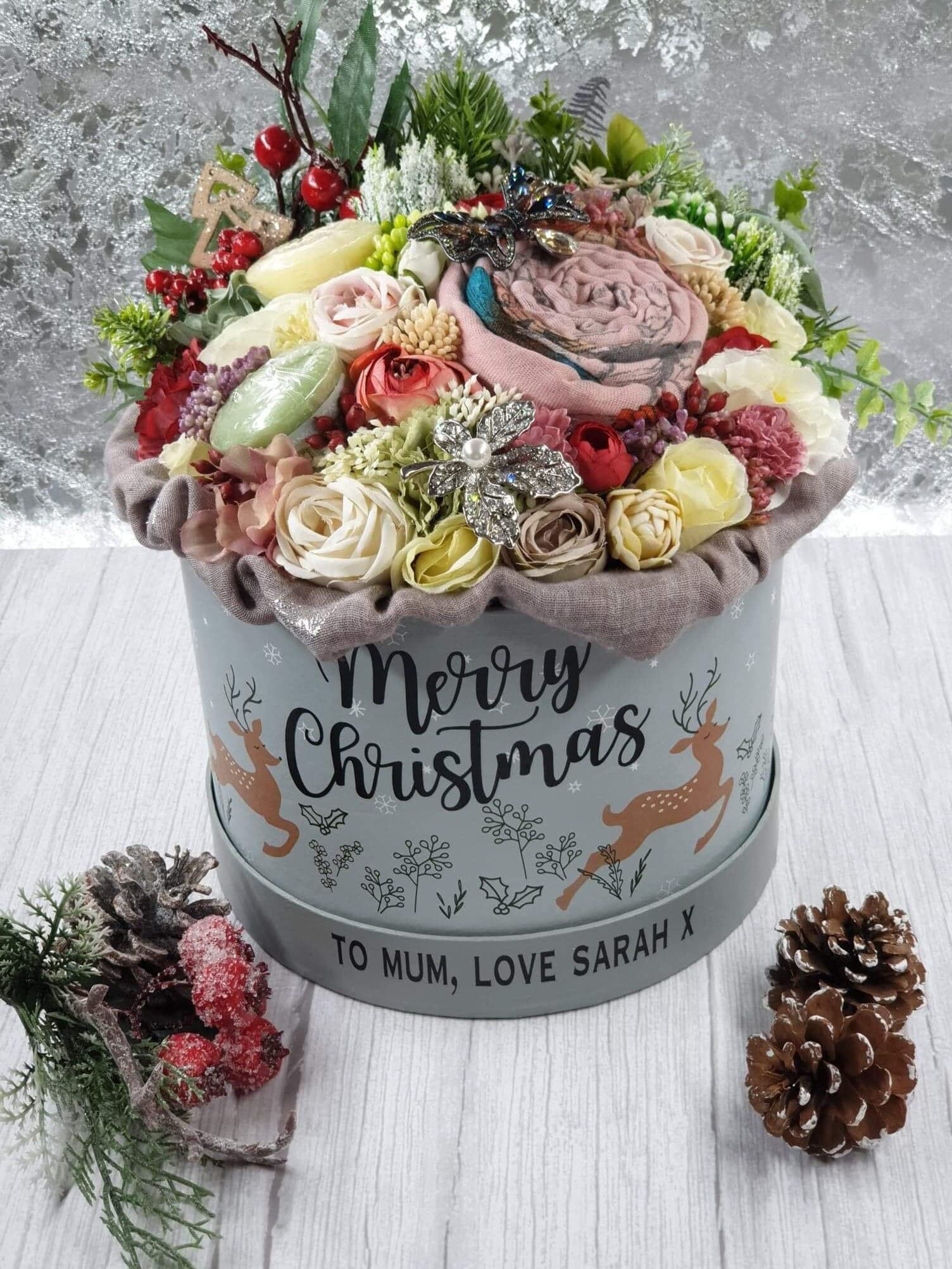 Personalised Scarf & Brooch Bouquet β Christmas Gift for Mum or Nan β Gift Box with Candle - image 4