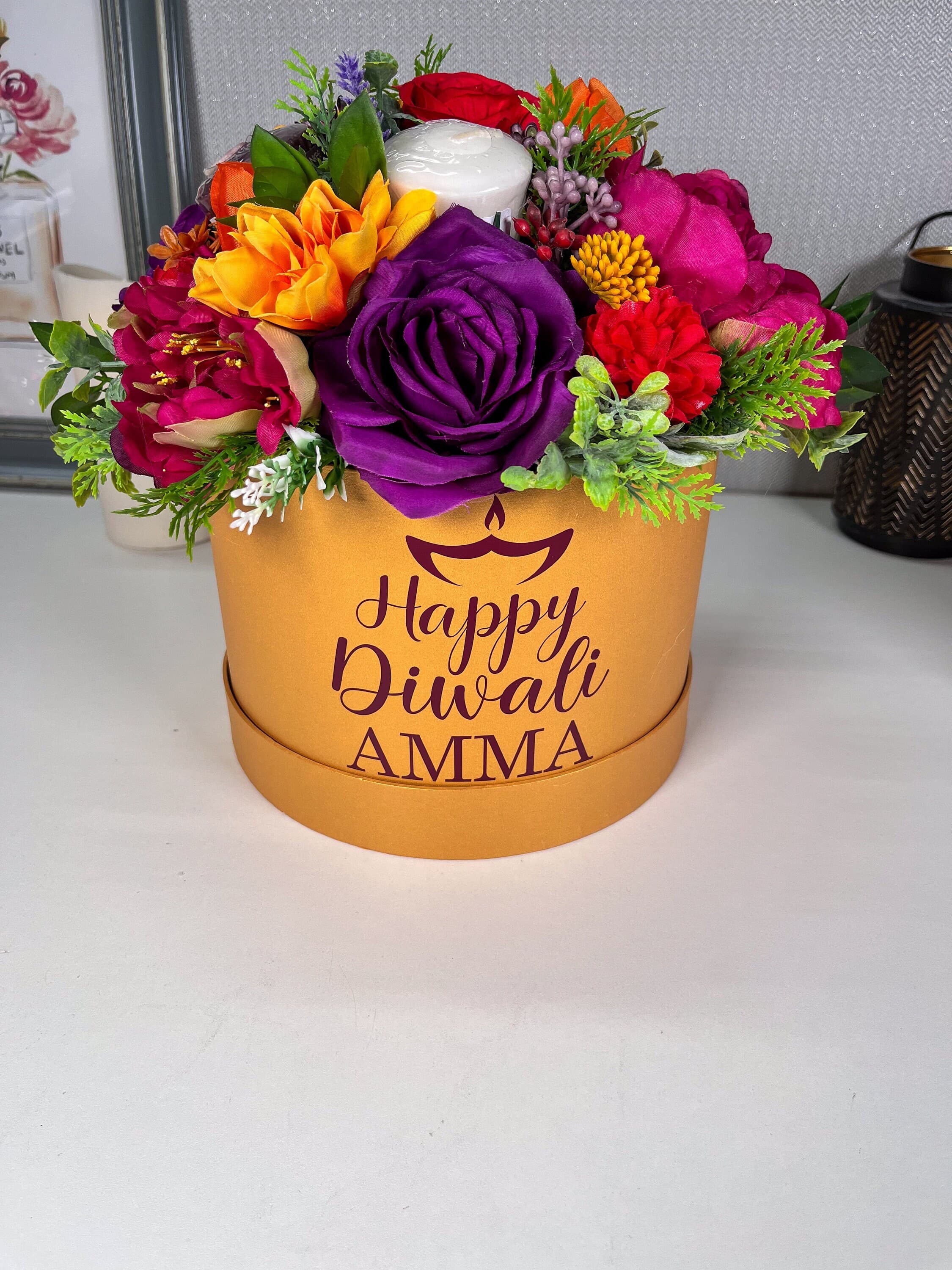 Personalised Diwali Gift Set: Artificial Flower & Yankee Candle Bouquet