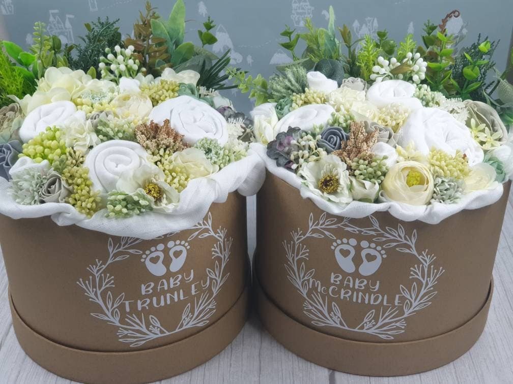 Unisex Baby Bouquet, Floral Hat Box, Personalised Baby Shower Gift