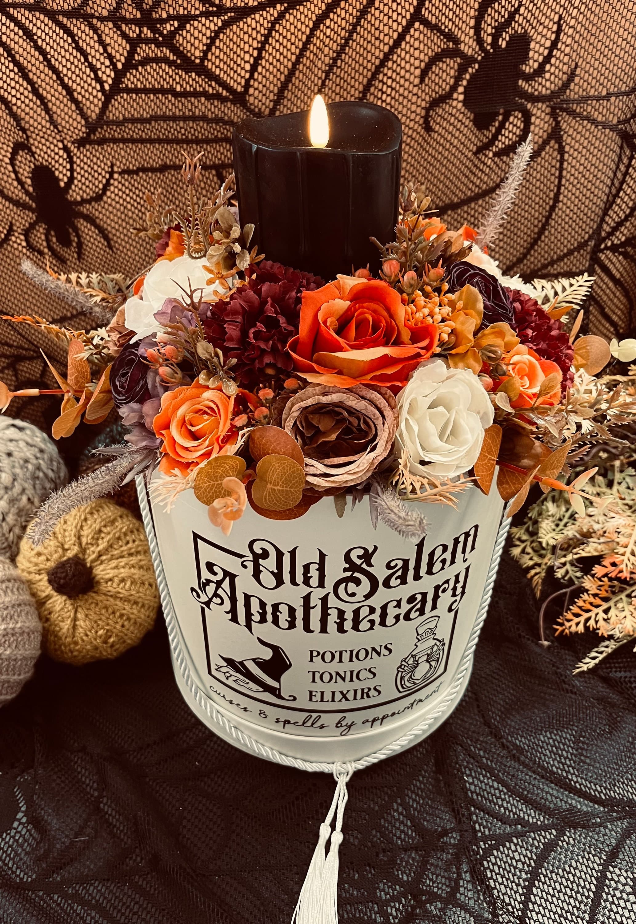 Vintage Halloween Floral Arrangement, Black Flame Candle, Apothecary Decor