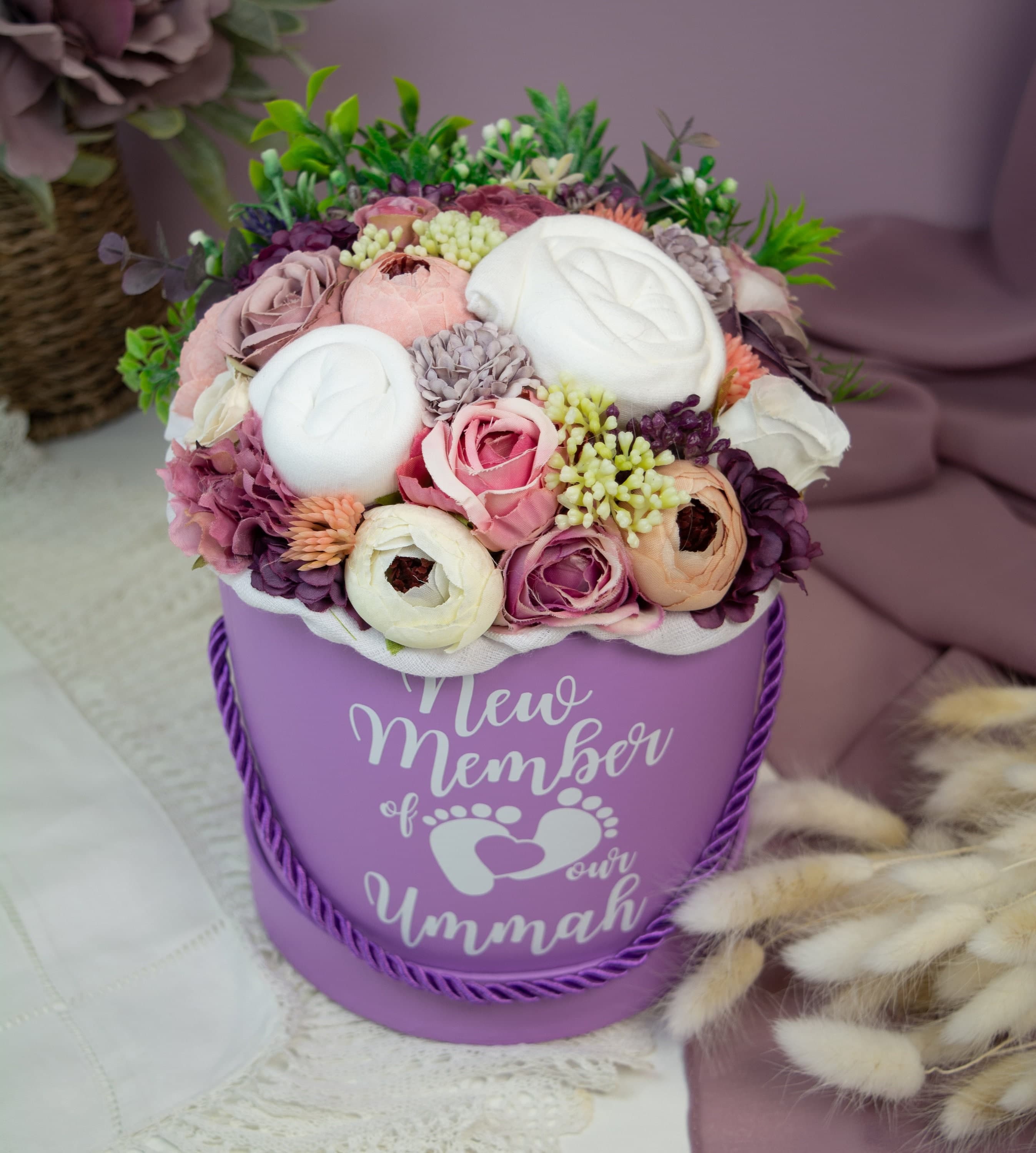 Personalised Baby Clothing Bouquet: Boho Newborn Gift, Baby Shower Centrepiece