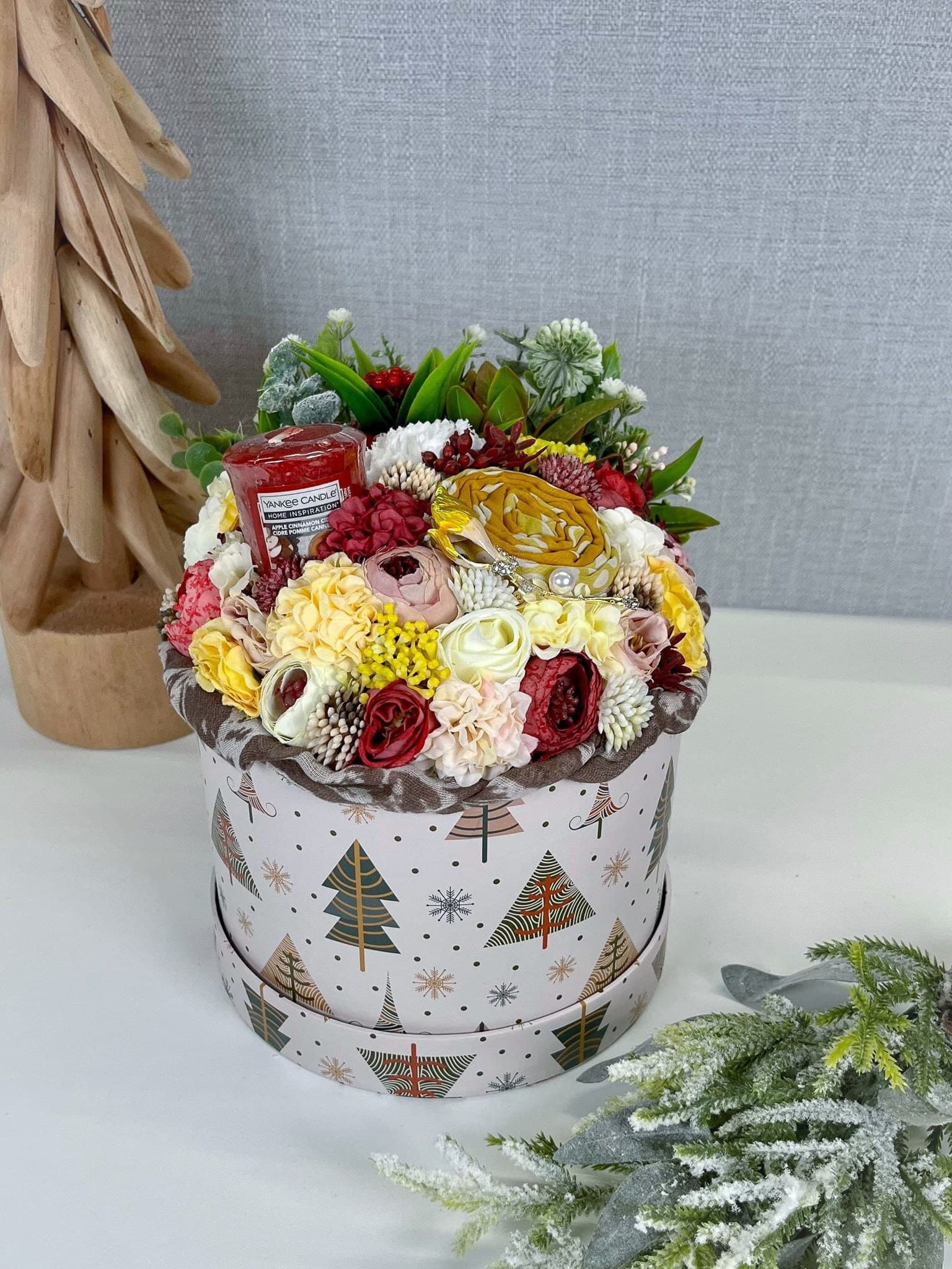 Scarf and Brooch Set, Christmas Floral Bouquet, Personalised Christmas Gift, Gift for Mum, Gift for Granny, Yankee Candle gift set