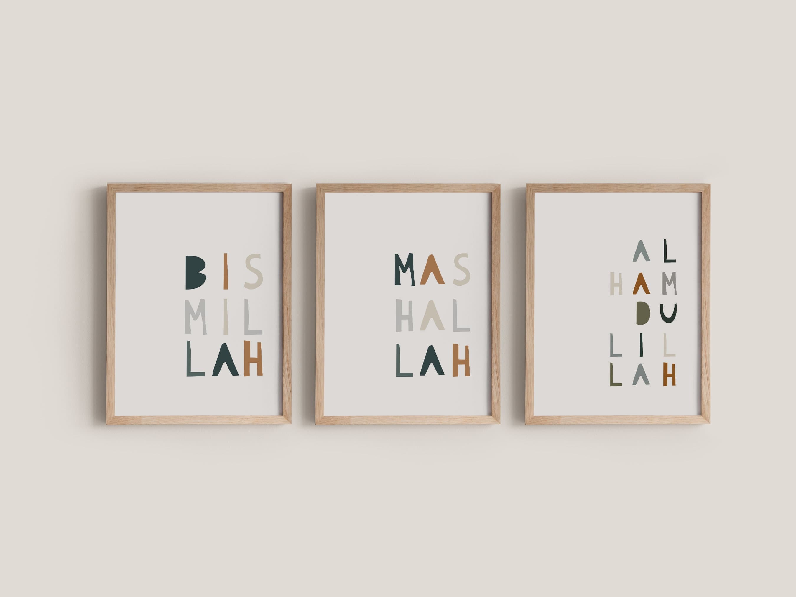 Bismillah, Alhamdulliah & MashAllah Nursery Print Set of 3 - Islamic Nursery Wall Art for Muslim Baby Room, Gender Neutral Muslim Decor