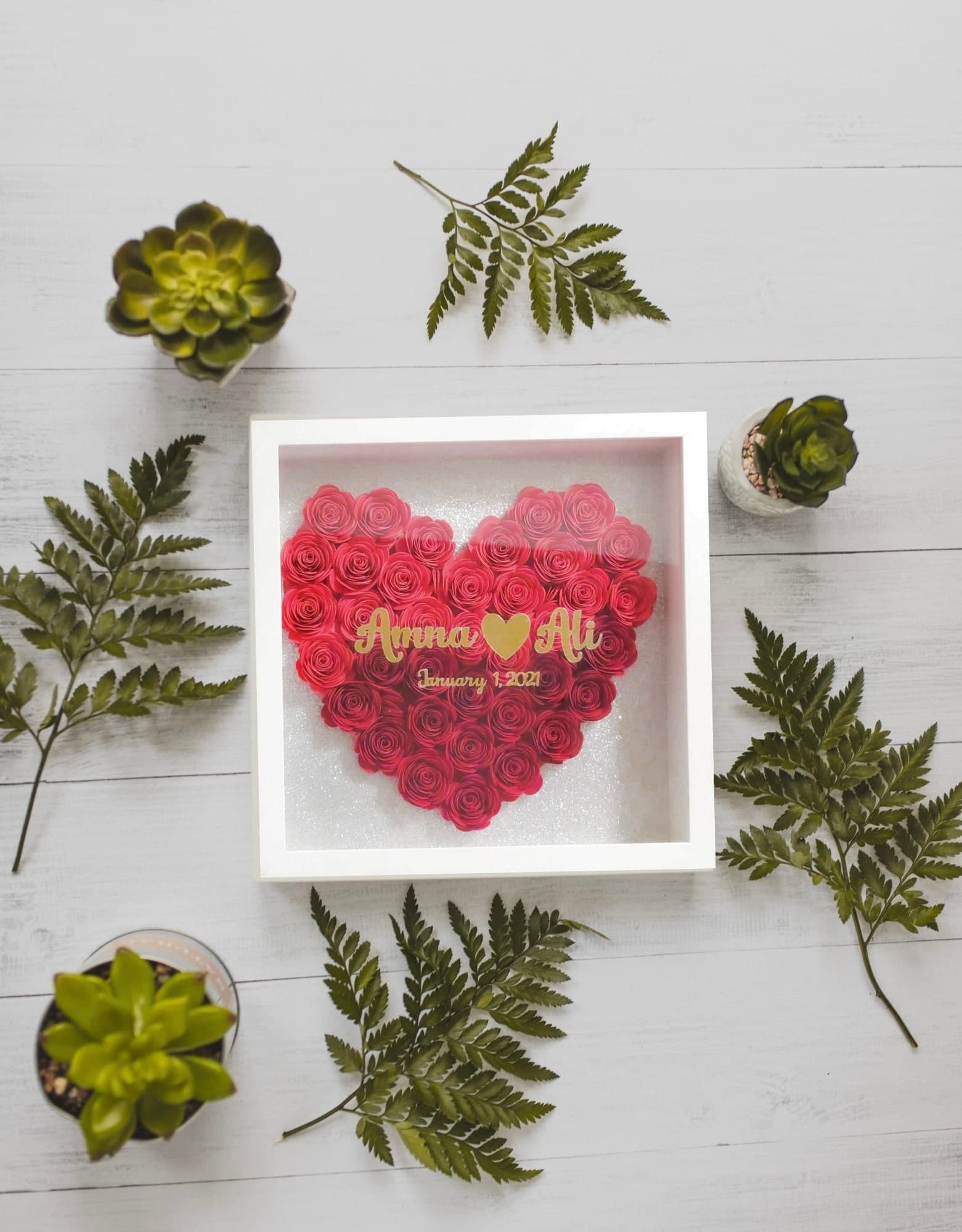 Personalized 9x9 Heart Shaped Paper Flower Shadow Box for Newly Wed, Wedding Gifts, Custom Rose Heart Frame, Custom Name Gift