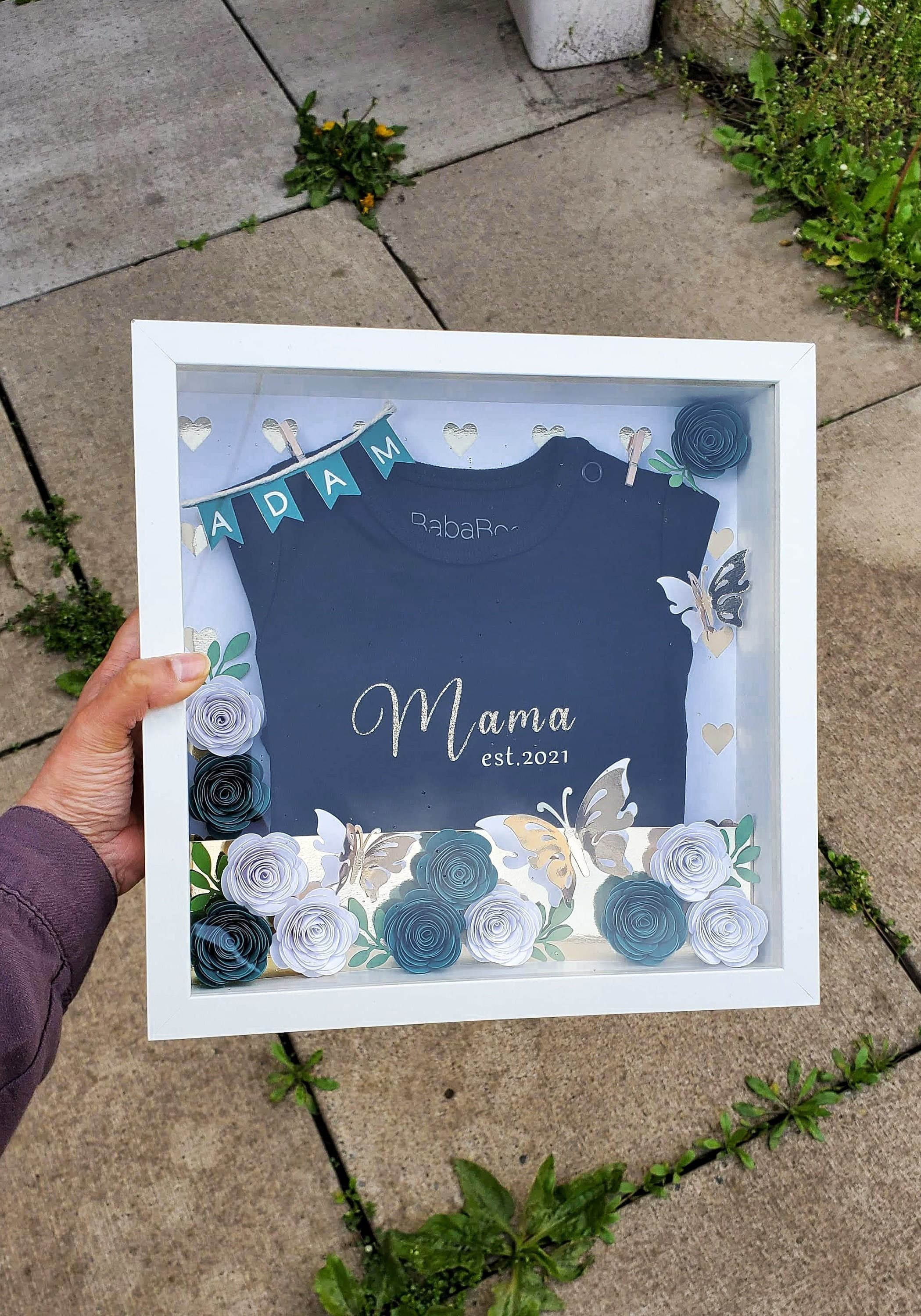 9x9 Custom Framed Paper Flower Shadow Box For a Newborn Baby, Nursery Wall Decor, Personalized Gifts For Mom, Gift For New Mom