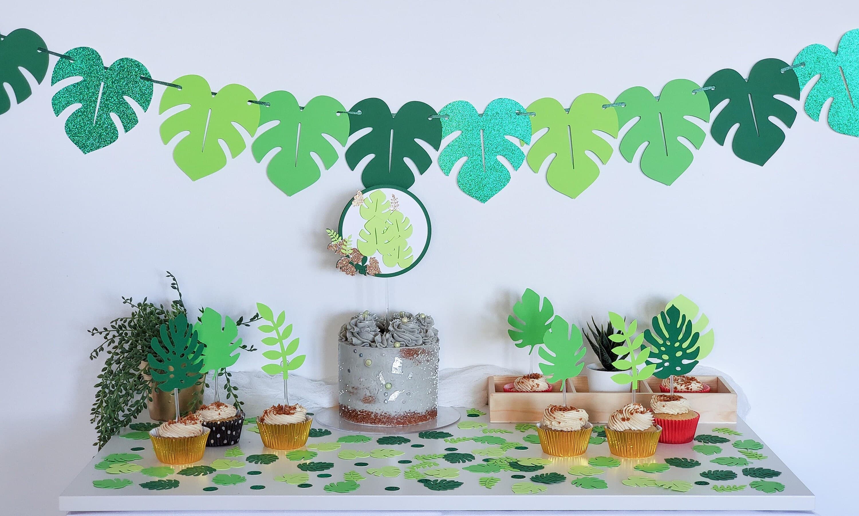 Safari Nursery Decor Leaves Banner For Jungle Party, Green Leaf Vines, Monstera Leaves Garland, Plant Theme Decoration Green Ombre