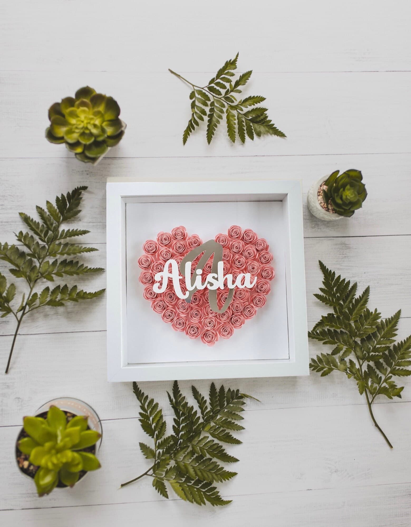 Personalized 9x9 Heart Shaped Paper Flower Shadow Box for Newly Wed, Wedding Gifts, Custom Rose Heart Frame, Custom Name Gift