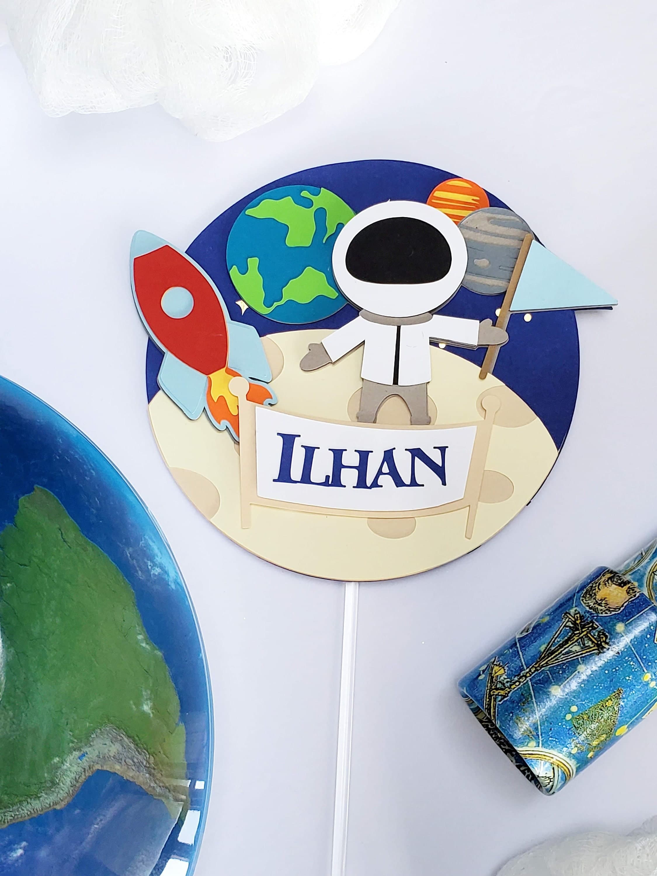 Customized Cake Topper for Outer Space Decor, To The Moon Themed Party, Baby Shower Cake Toppers for Astronaut or Rocket Themed Party