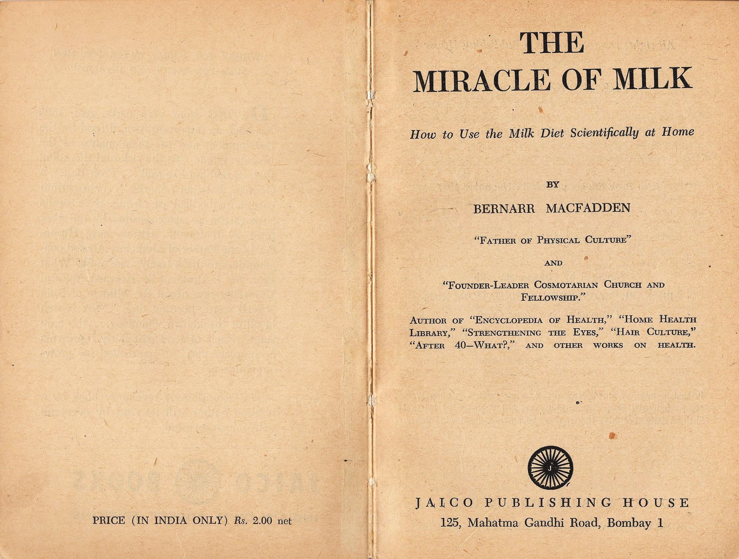 The Miracle of Milk by Bernarr MacFadden published by Jaico in 1957 - Good Condition