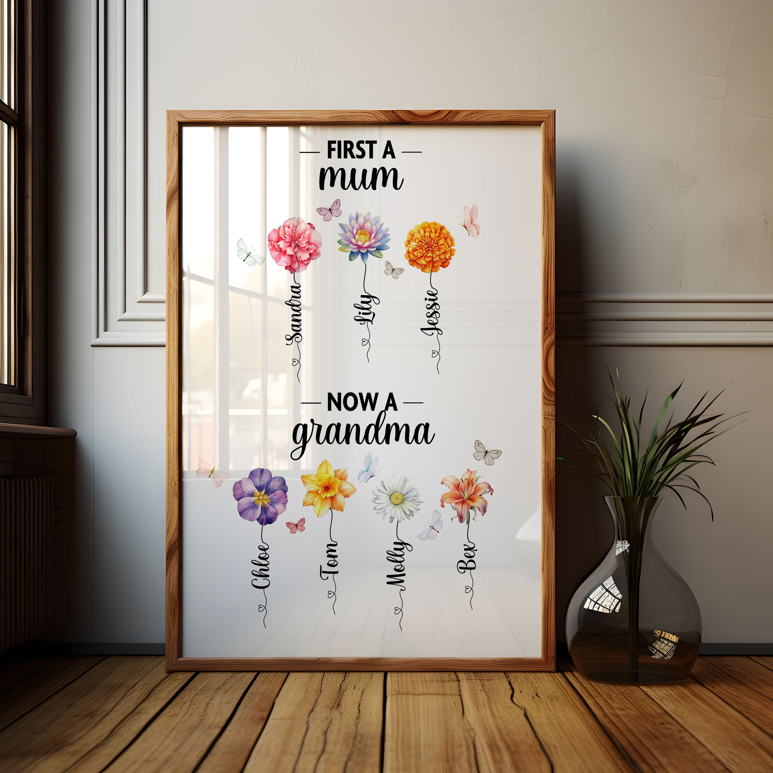 First a Mum Now a Grandma, Nan, Nanny, Grandmother Gift for Mothers Day, Birthday Gift, Birth Flowers Print, Personalised Family Wall Art