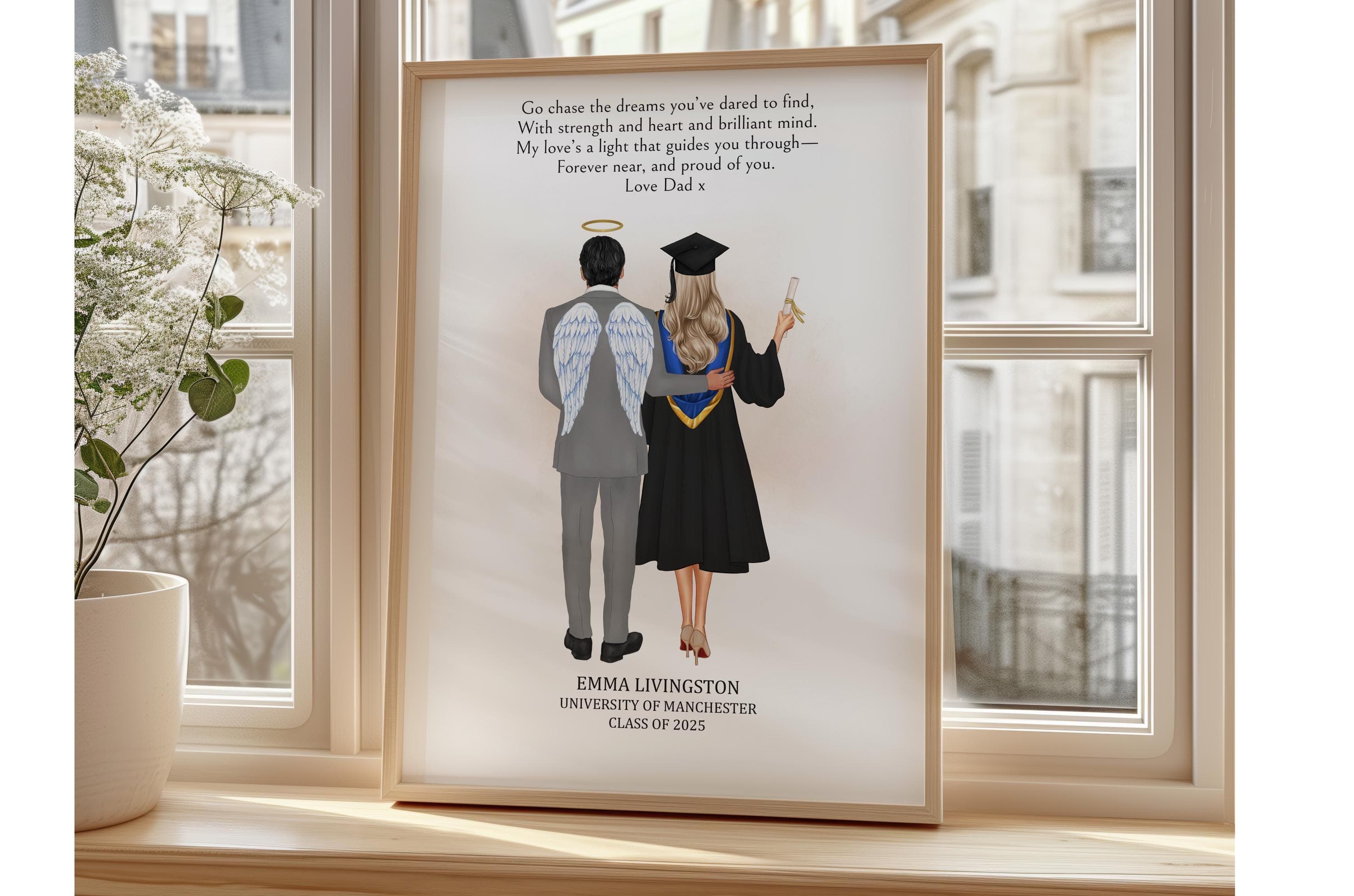 Personalised Graduation Gift with Angel Dad | Custom Memorial Portrait | Father in Heaven Print | Graduation Keepsake for Daughter