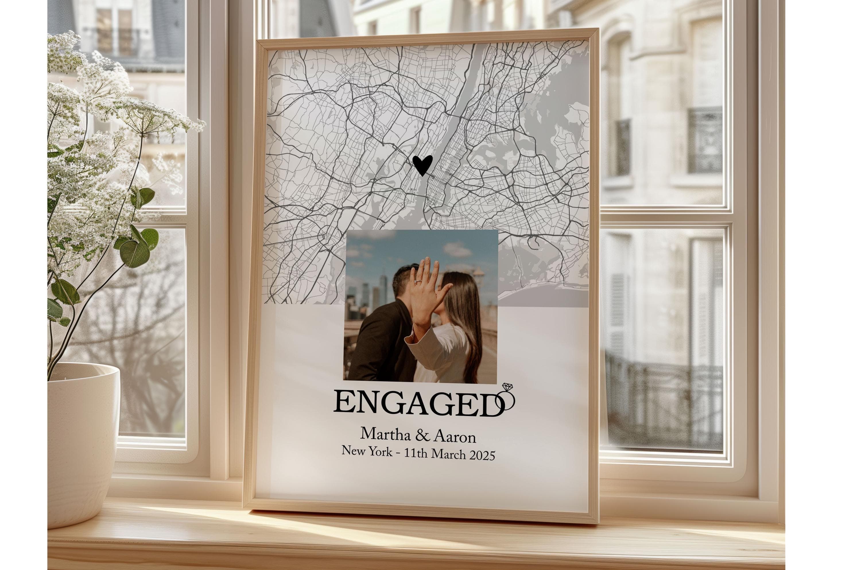 Engagement Present Print, Personalised Map & Photo Engagement Print, Engaged Keepsake Poster, Gift for Couples
