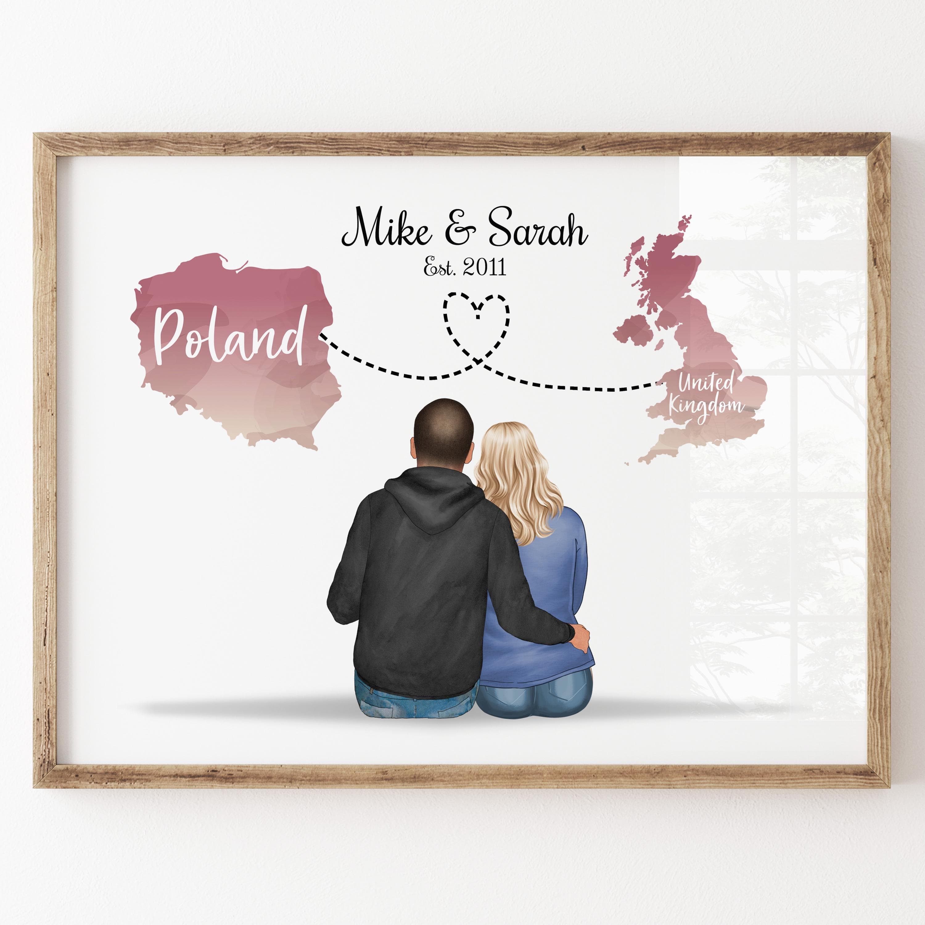 Personalised Couple Gift, Custom Portrait Print, Two Country Maps, Moving Gifts, Long Distance Gift, Christmas Gifts, New Home, Engagement