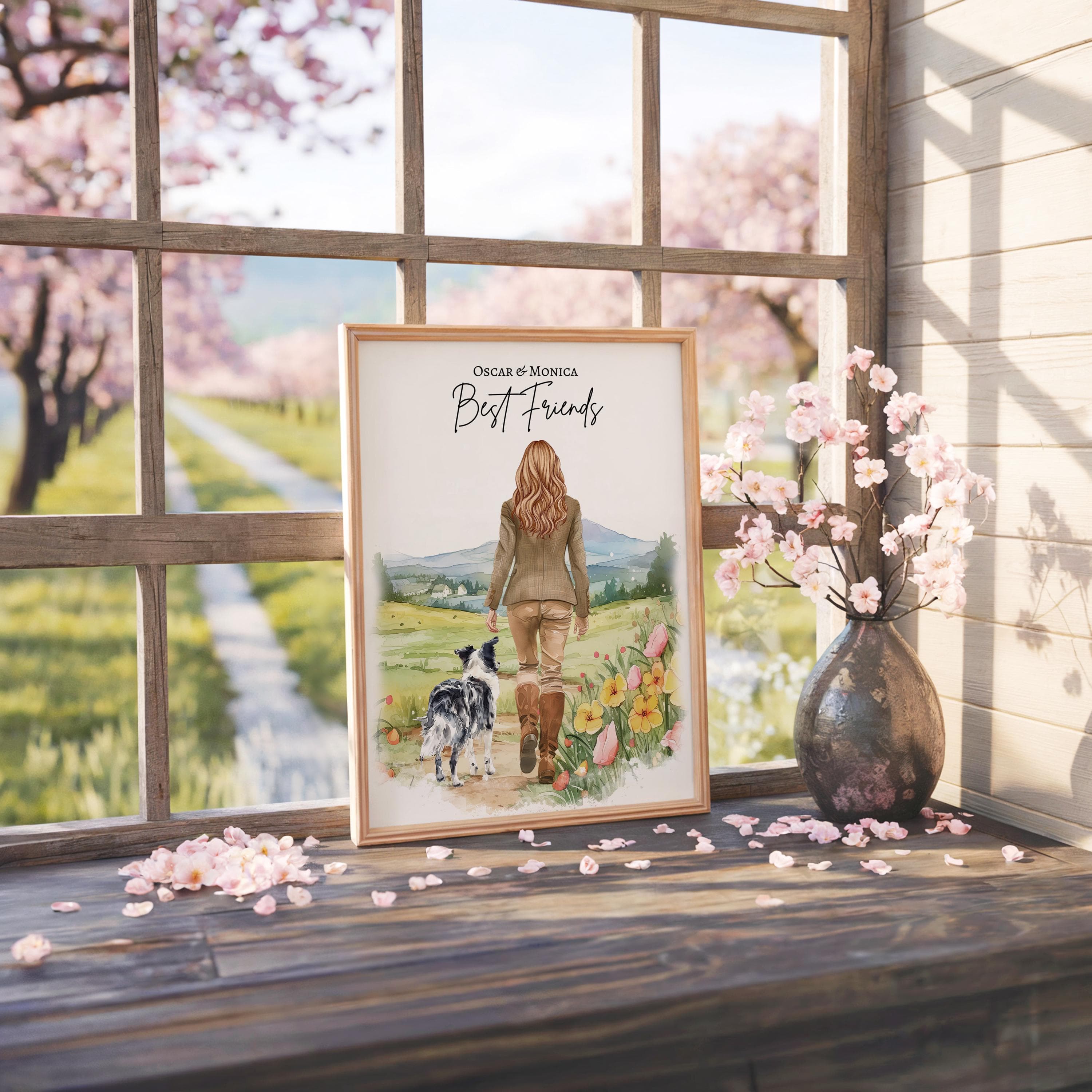 Female and Dog Country Walking Portrait, Gift from Dog, Mothers Day Gift, Nanny Gifts, Birthday Present, Christmas Personalised Wall Art