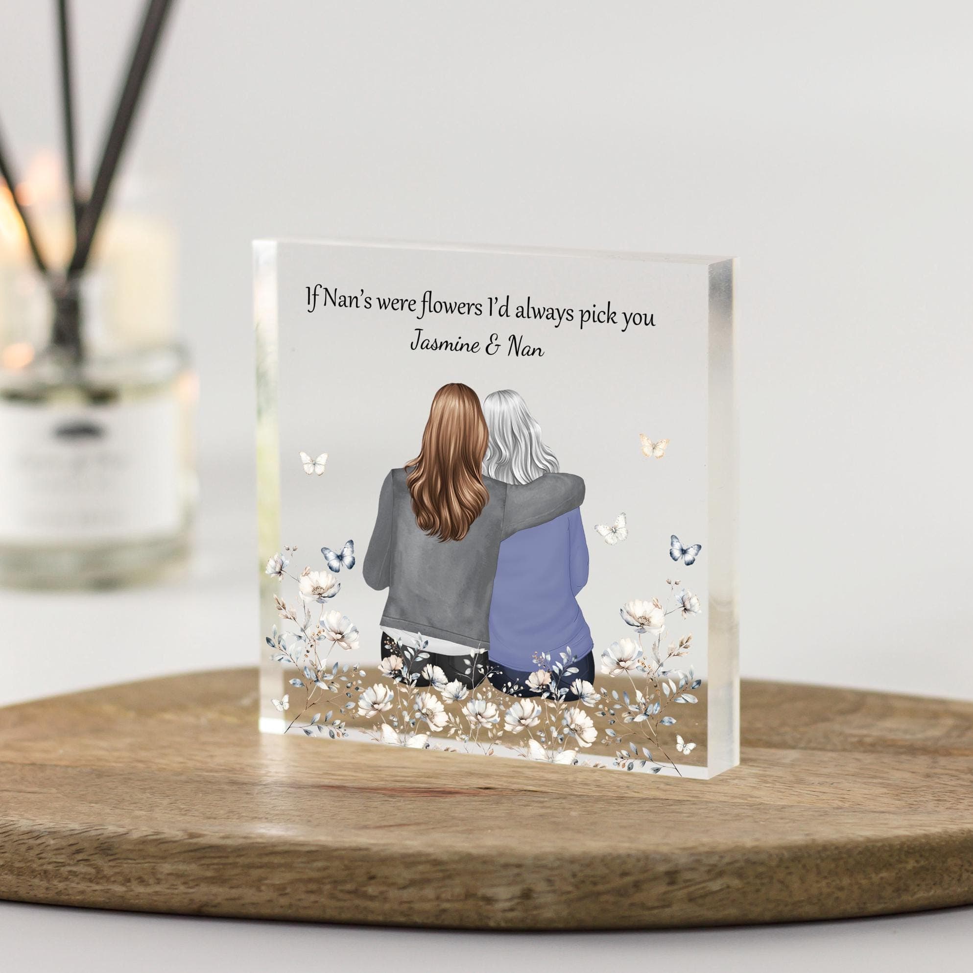 Personalised Gift for Nan, Mothers Day Gifts, Grandma Birthday Present, Nan and Granddaughter Print, Floral Acrylic Block