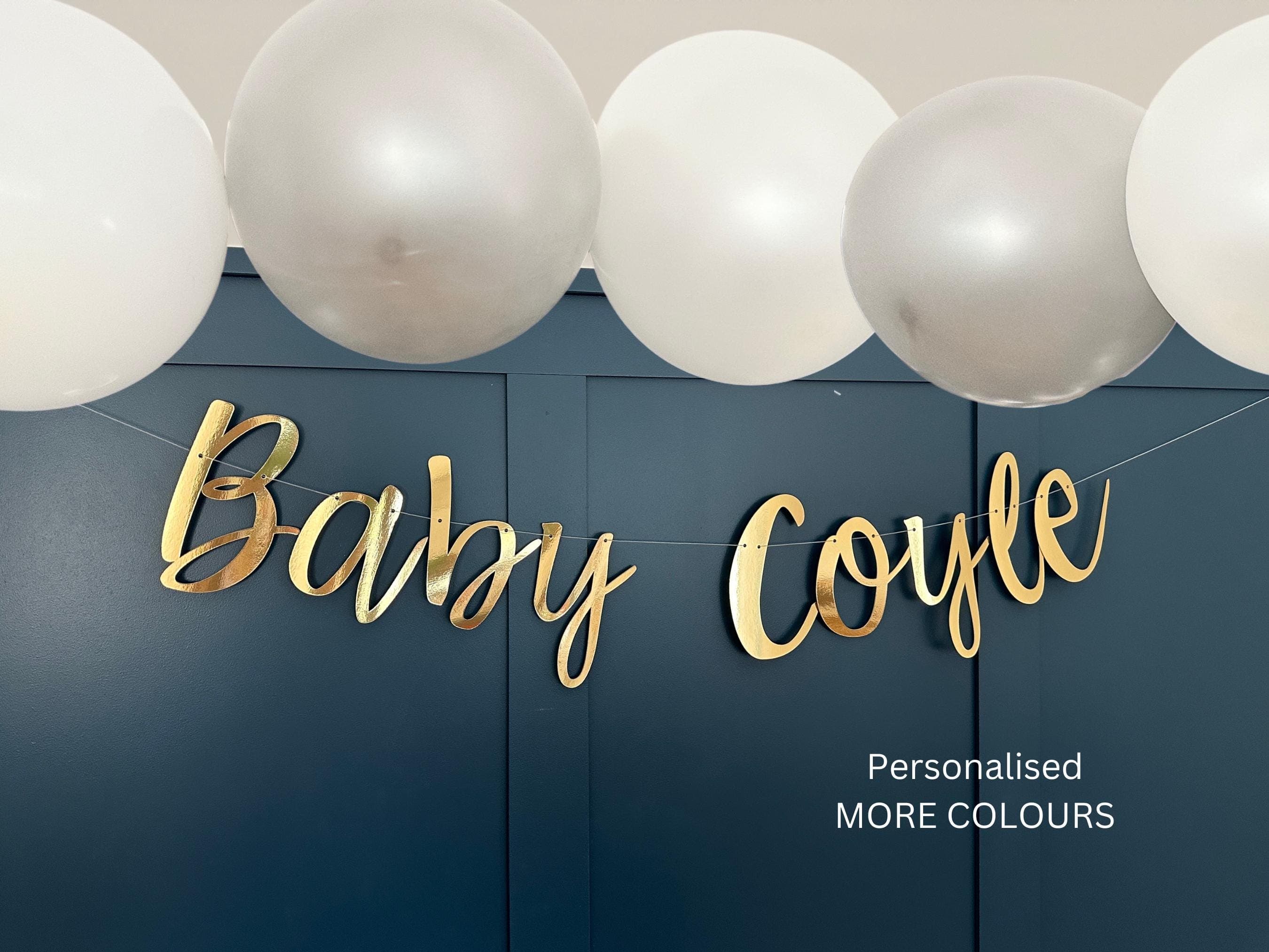Gold Personalised (Any Colour) Baby Shower Banner, Baby Shower Bunting, Baby Shower Garland, Gold Banner, Baby Shower Decor, Baby Sign - image 3