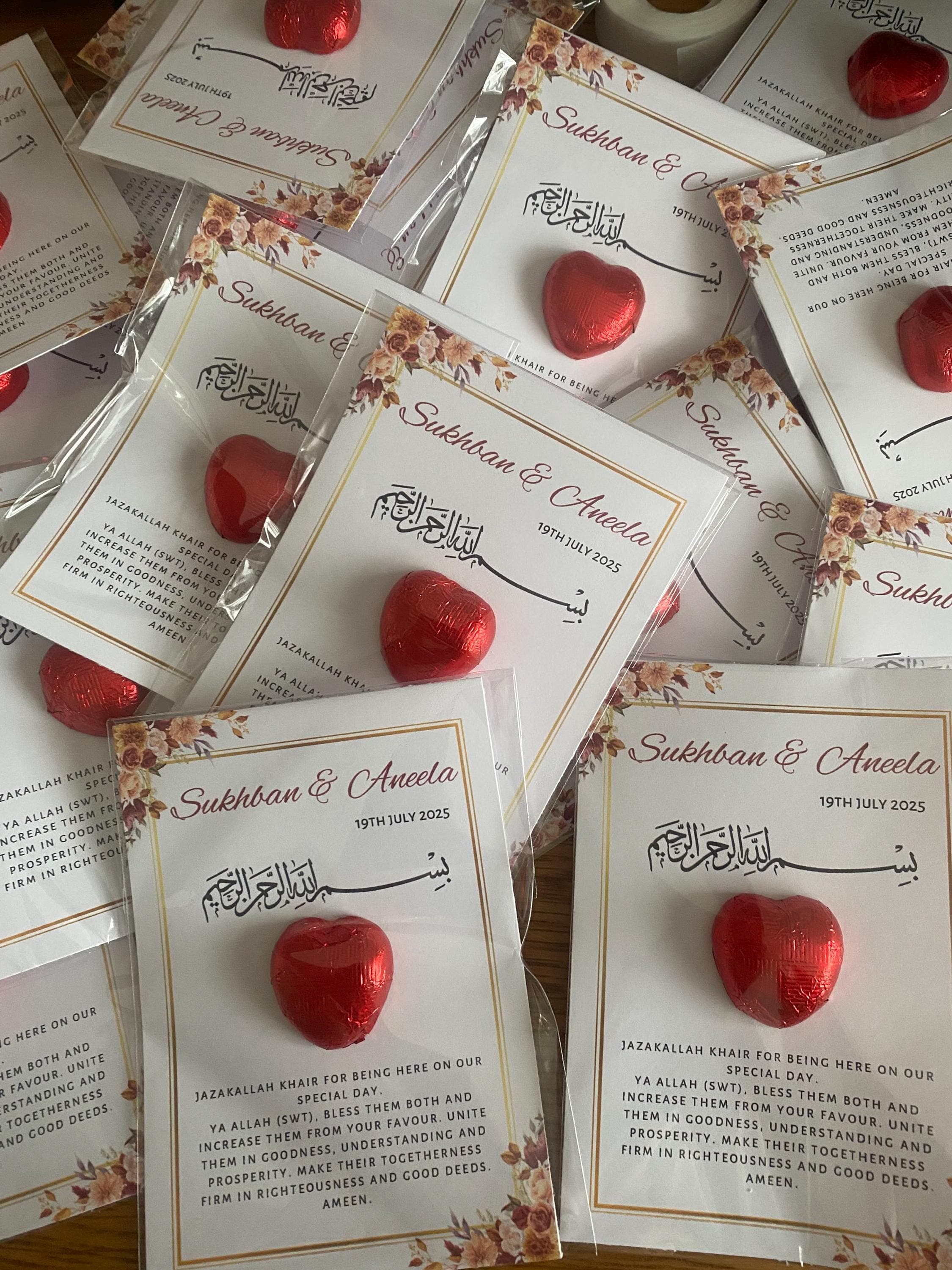Islamic Wedding Favours, Wedding, Nikkah Favours, Shaadi Favours,Personalised wedding, Foiled Chocolate Hearts Token, Table Decor,Engagement