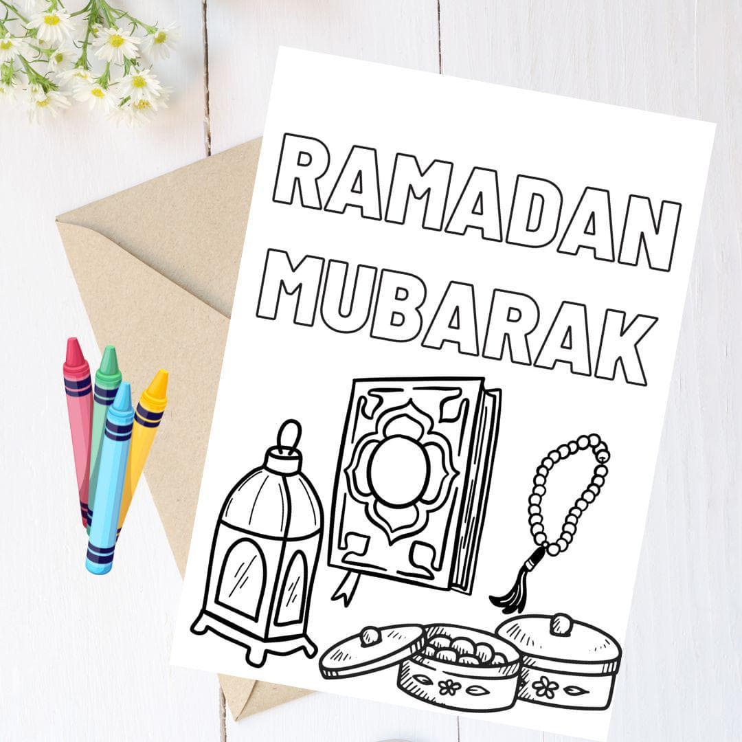 DIY Ramadan Mubarak Colouring Greeting Card for Kids, Envelope and crayons included, Ramadan Mubarak for kids, Ramadan 2025, Kids Ramadan