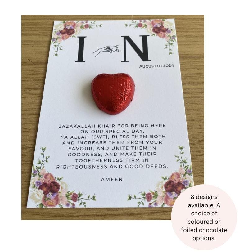 Islamic Wedding Favours, Wedding, Nikkah Favours, Shaadi Favours,Personalised wedding, Foiled Chocolate Hearts Token, Table Decor,Engagement