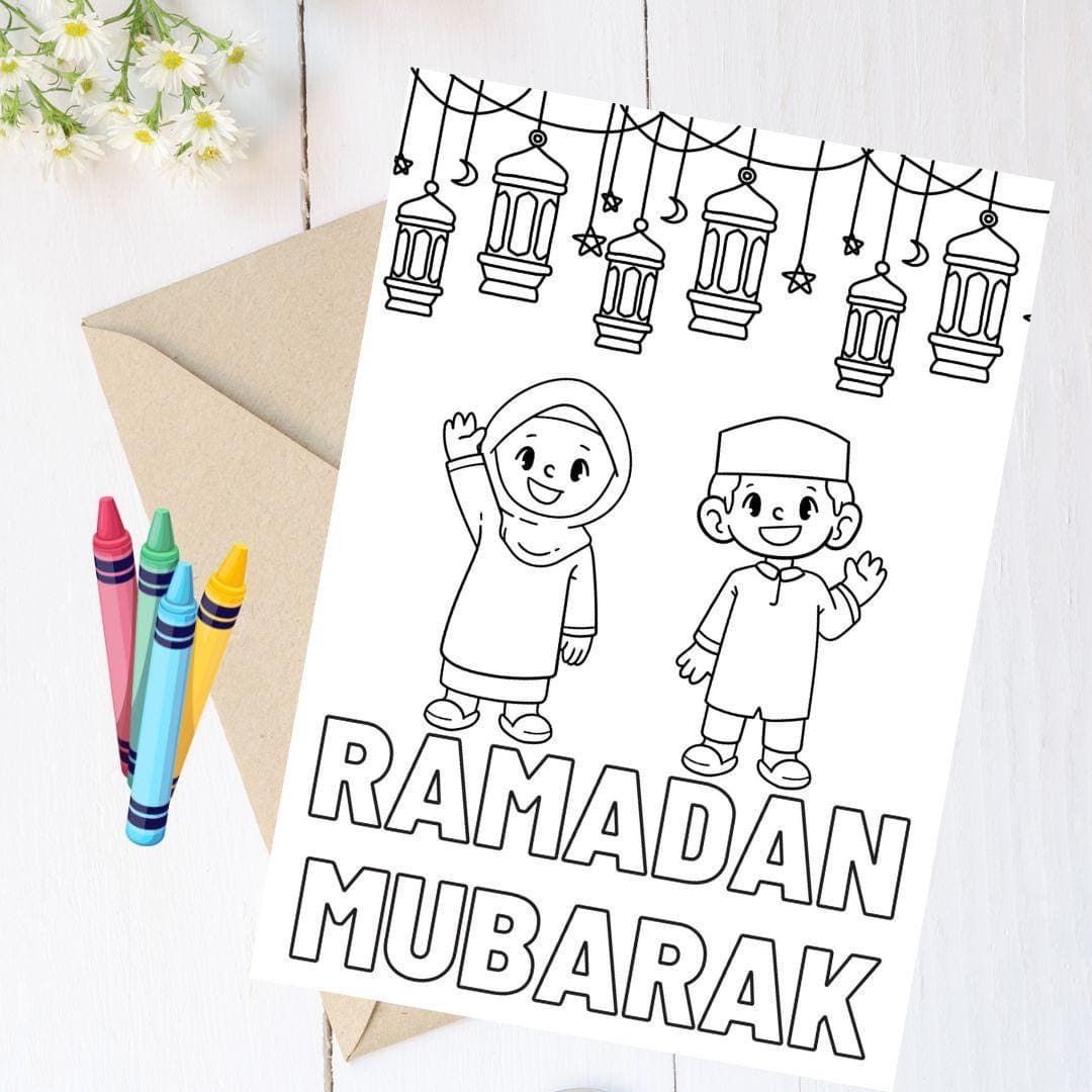 DIY Ramadan Mubarak Colouring Greeting Card for Kids, Envelope and crayons included, Ramadan Mubarak for kids, Ramadan 2025, Kids Ramadan
