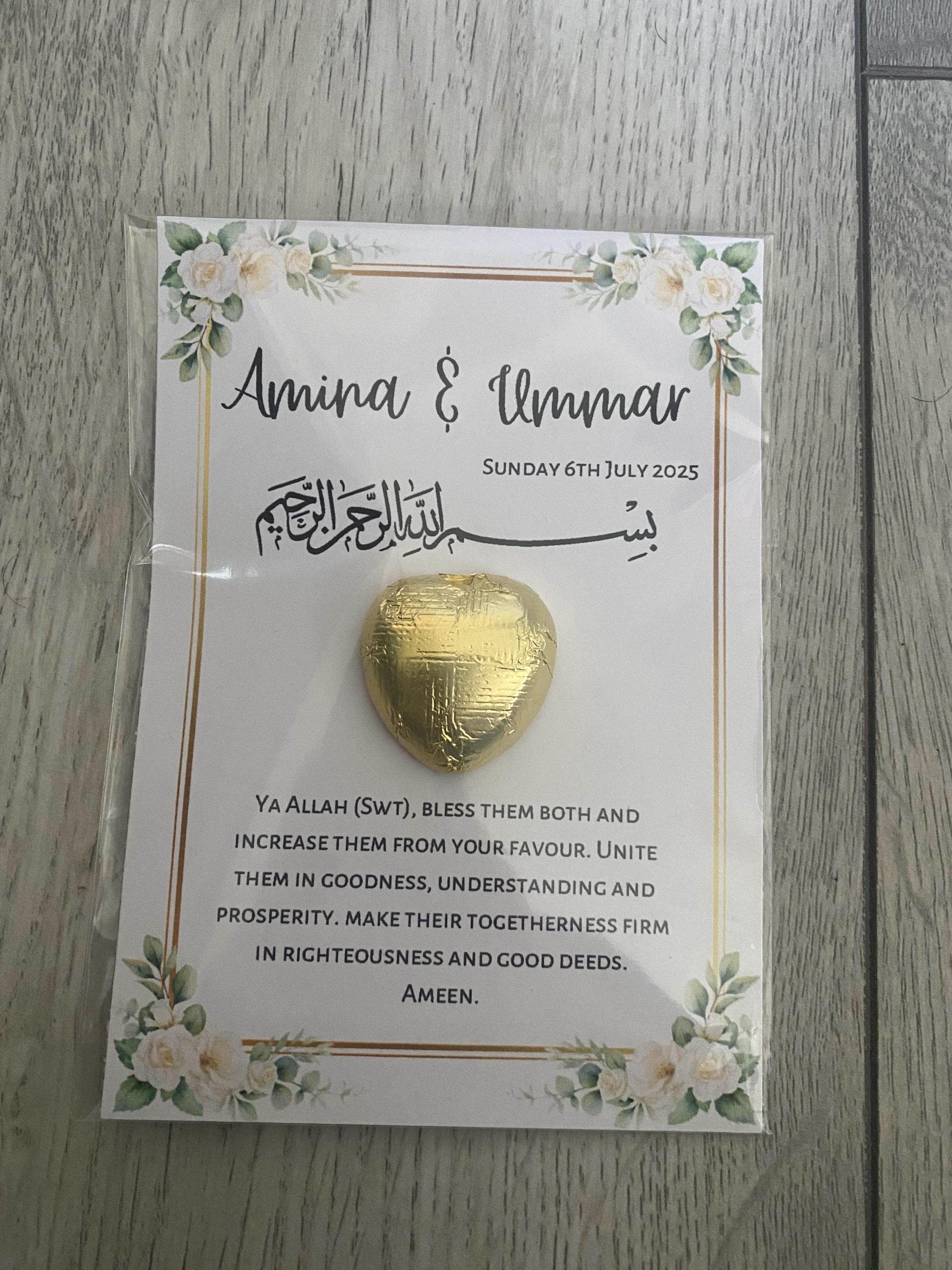 Islamic Wedding Favours, Wedding, Nikkah Favours, Shaadi Favours,Personalised wedding, Foiled Chocolate Hearts Token, Table Decor,Engagement