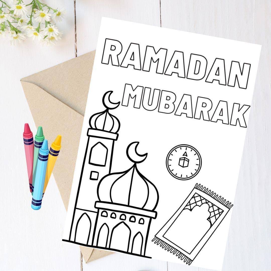 DIY Ramadan Mubarak Colouring Greeting Card for Kids, Envelope and crayons included, Ramadan Mubarak for kids, Ramadan 2025, Kids Ramadan