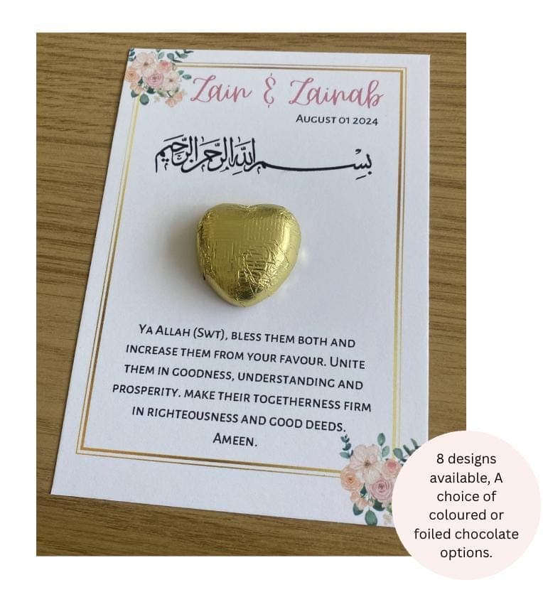 Islamic Wedding Favours, Wedding, Nikkah Favours, Shaadi Favours,Personalised wedding, Foiled Chocolate Hearts Token, Table Decor,Engagement