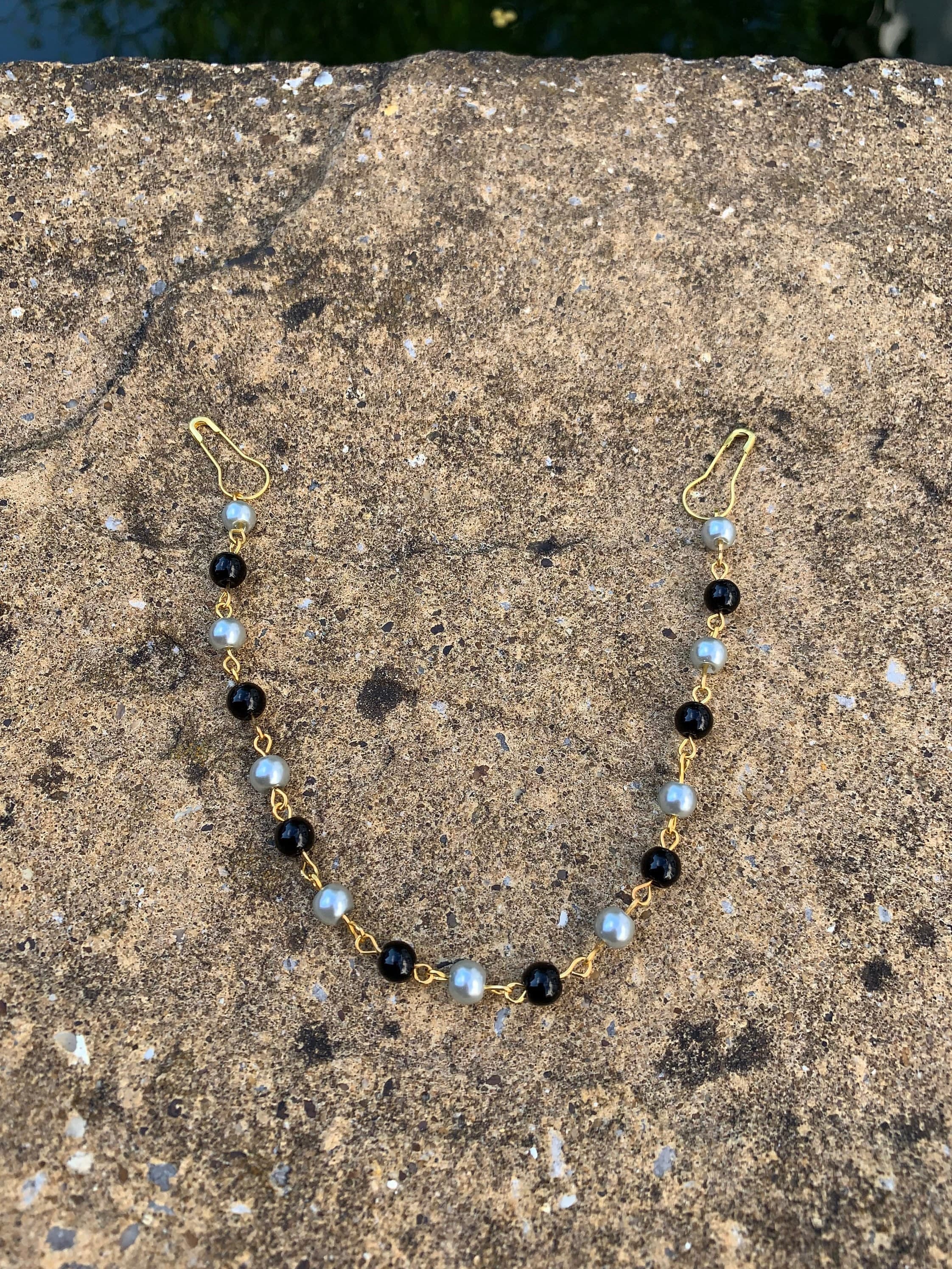 Handmade Beaded Hijab Mask Chain: Silver Black Ear Saver