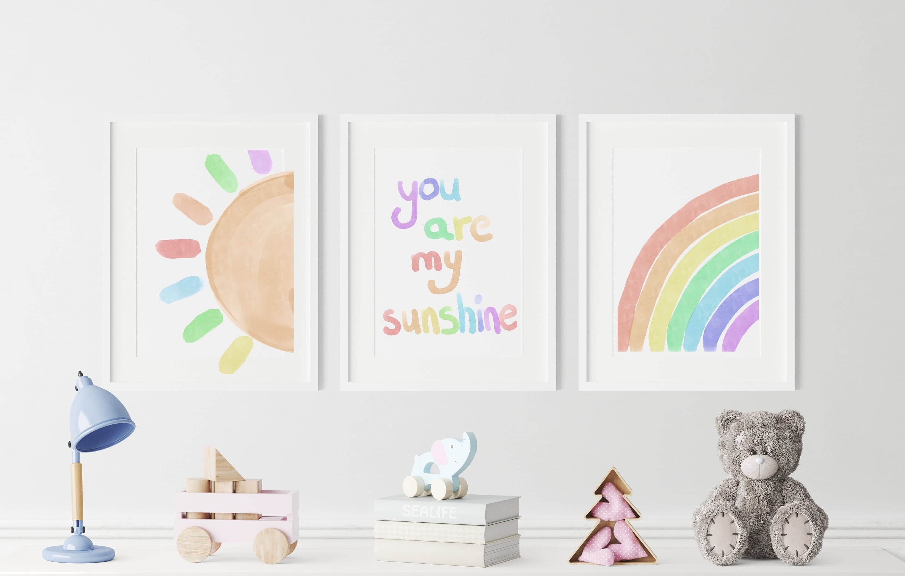 You Are My Sunshine Watercolor Nursery Prints, Rainbow, Sun (Digital Download)