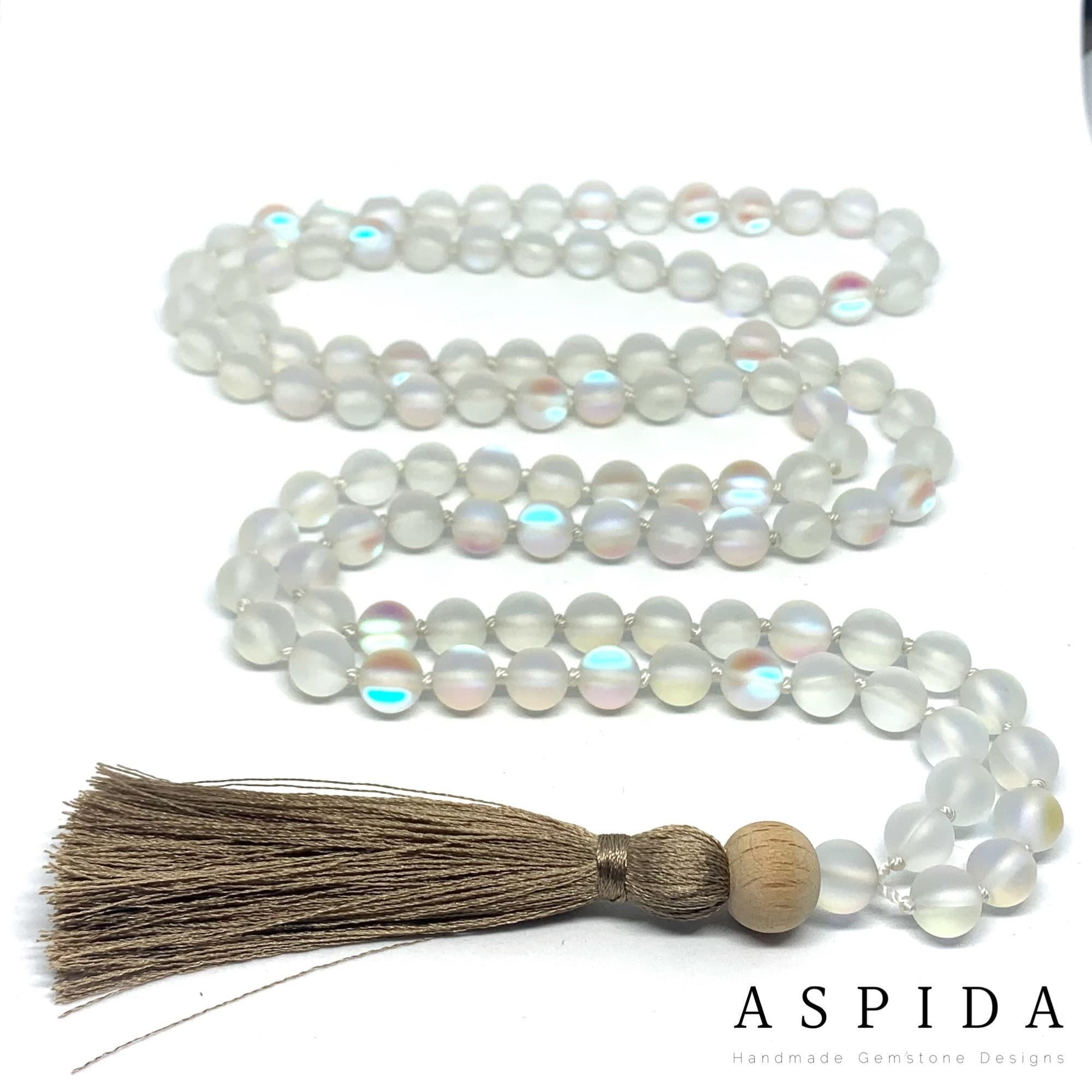Real Matt Aura Quartz Gemstone Mala Healing Necklace, Hand Knotted 108 Mala Beads, 108 Mala Beads, Tassel Necklace, Mala, Meditation Mala - image 3
