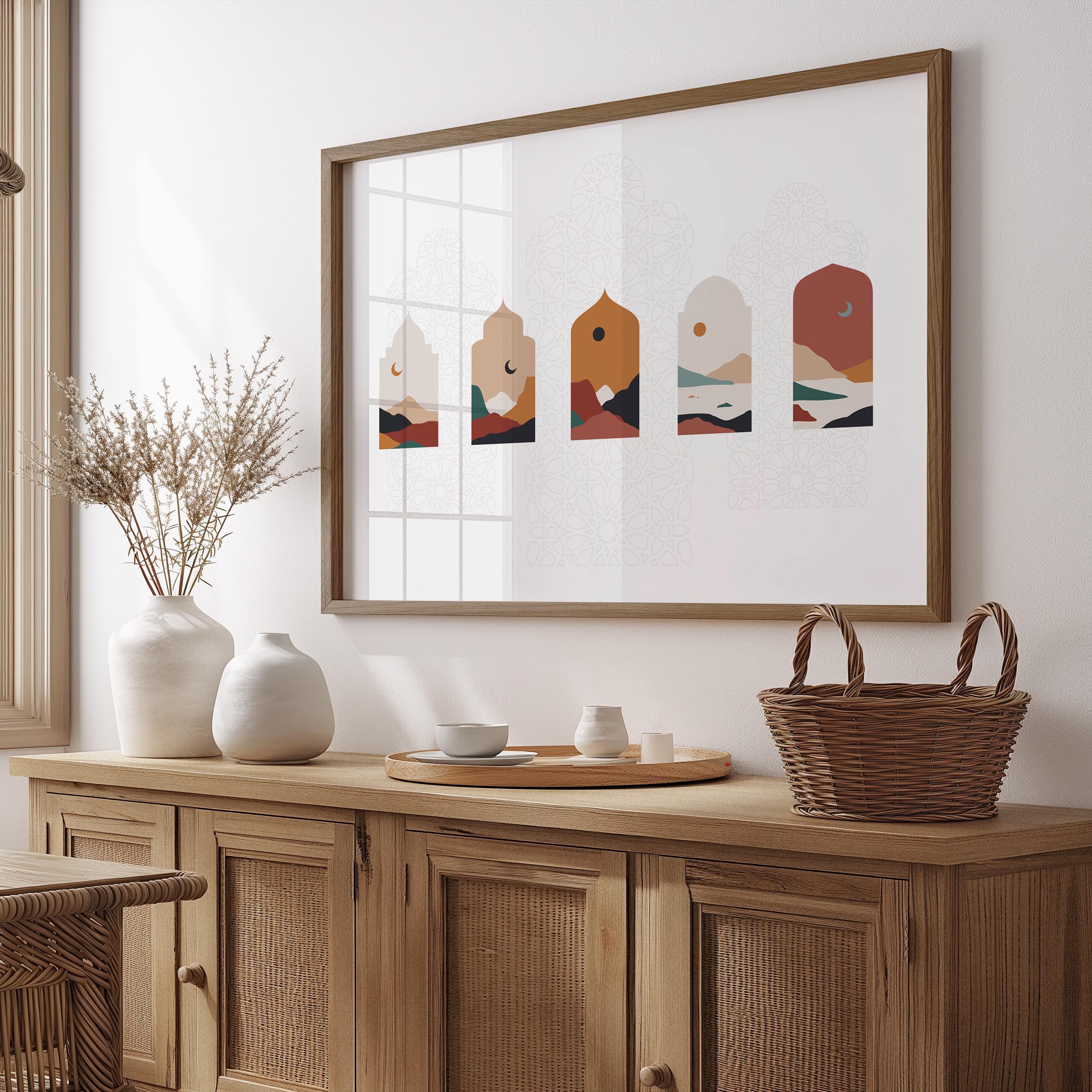 Sunset landscape wall art, boho calligraphy, neutral tones, minimal housewarming, spiritual home decor.