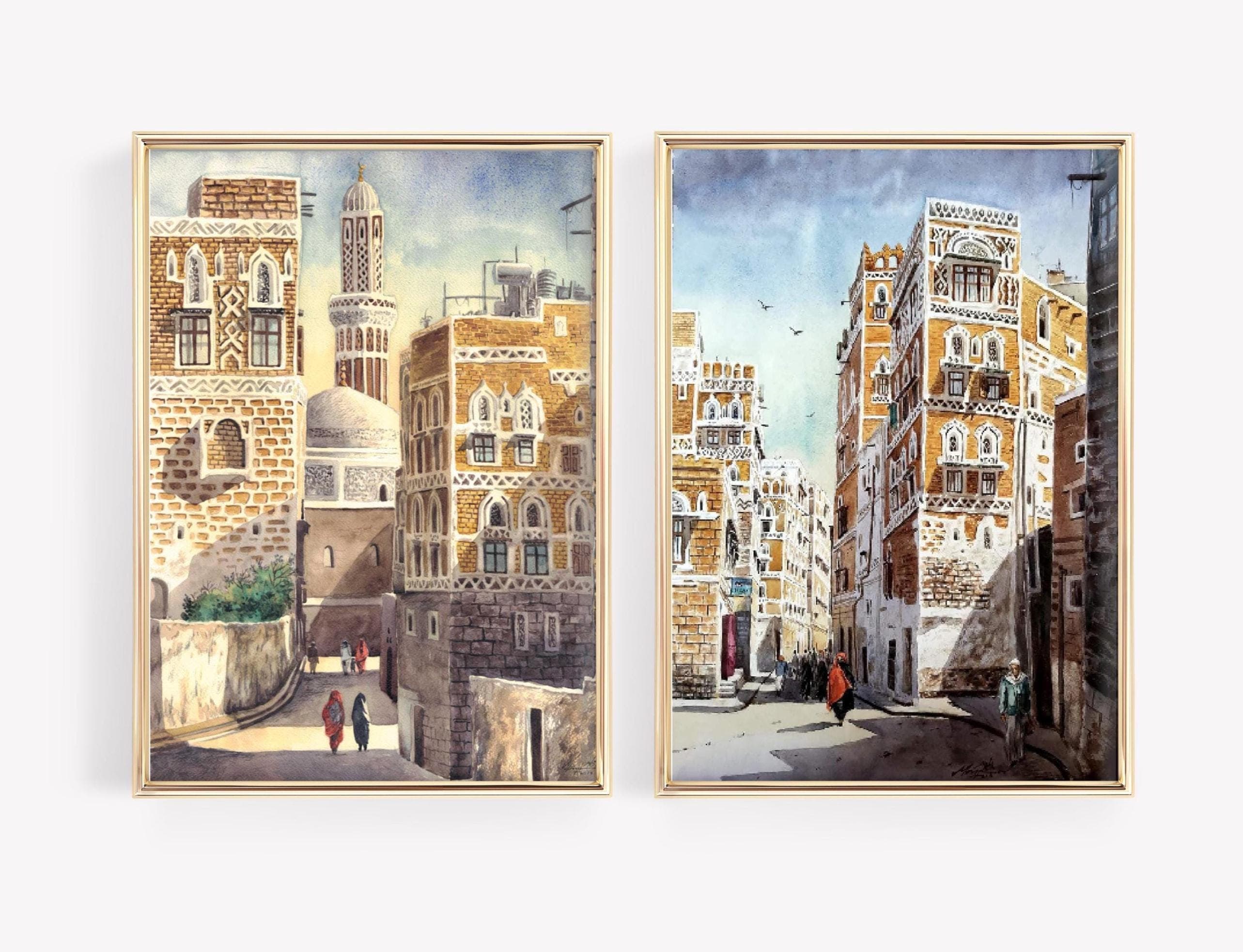 Yemen Wall Art, Sanaa City Poster, Arabic Decor, Middle Eastern Islamic Painting