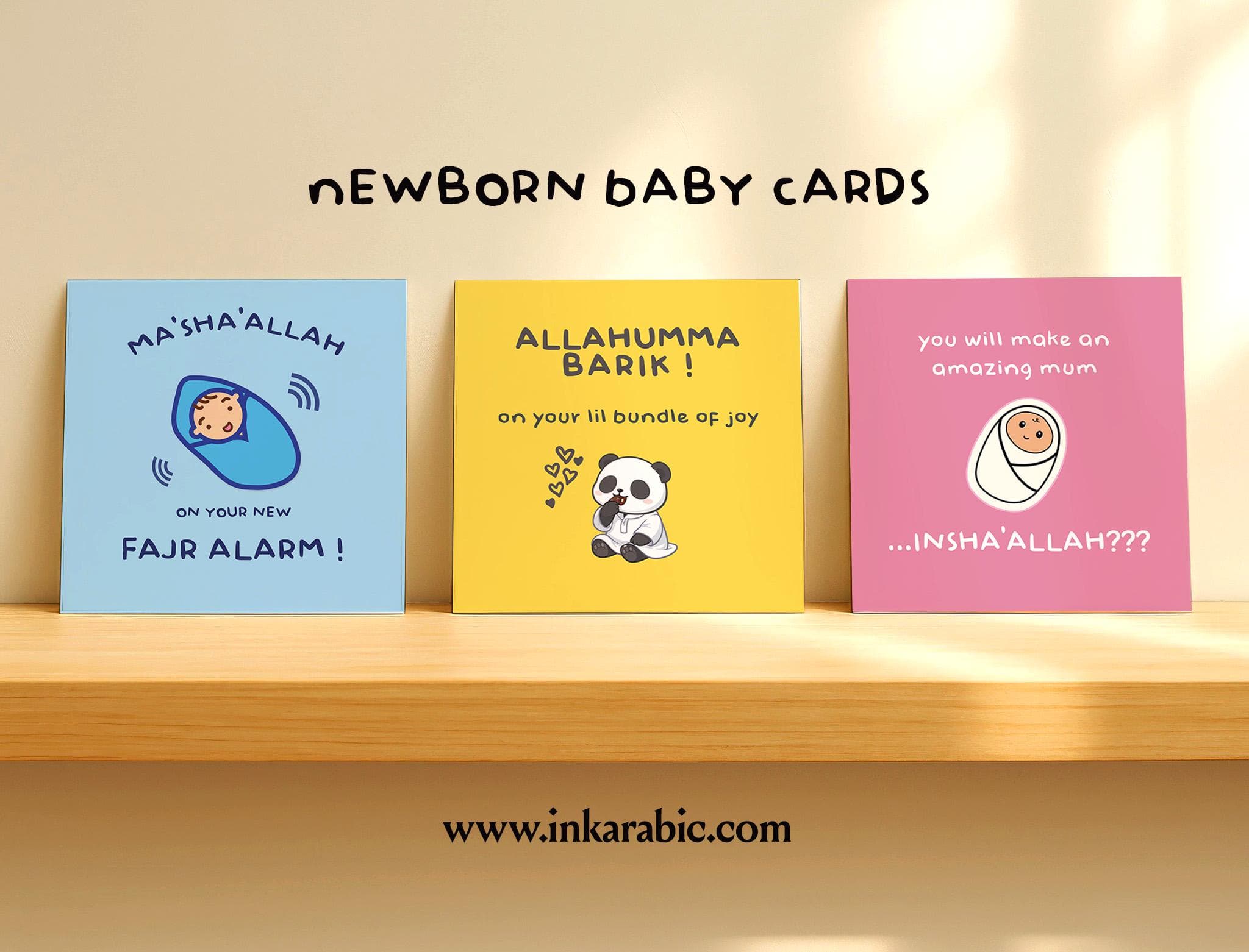 Islamic Newborn Baby Cards | Colorful Modern Square Announcement Cards (Set of 3)