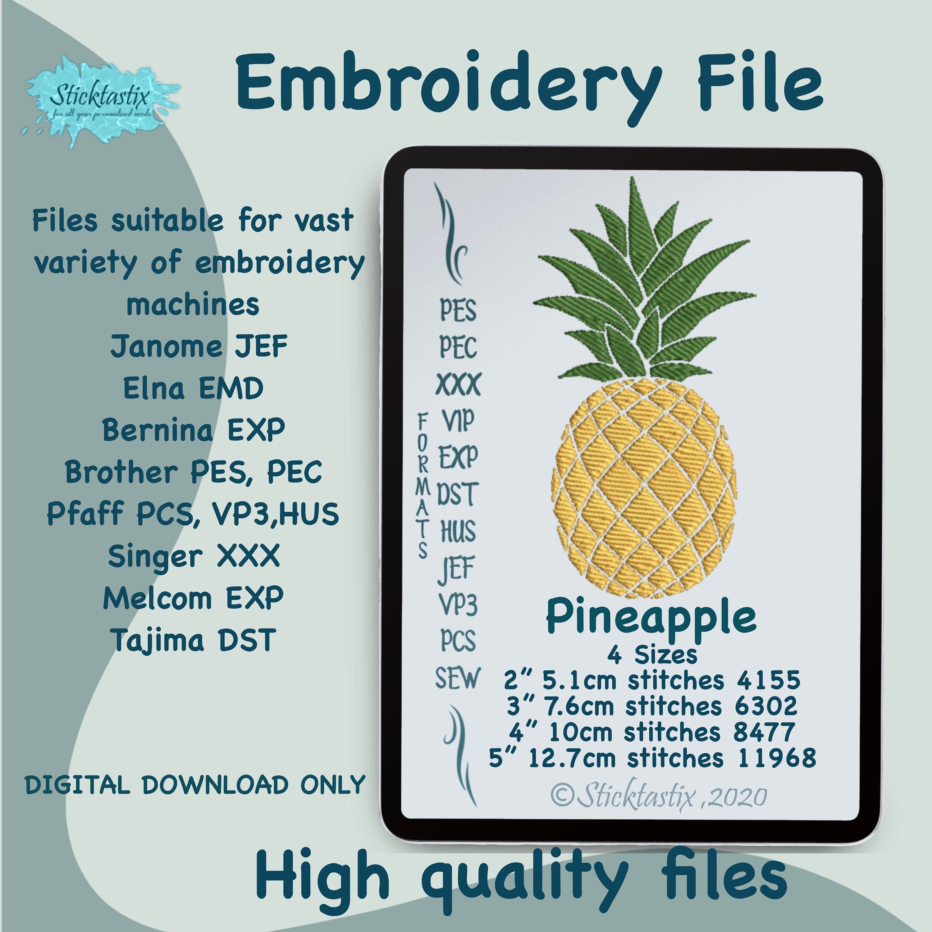 Pineapple Embroidery Design: 4 Sizes (Digital Download)