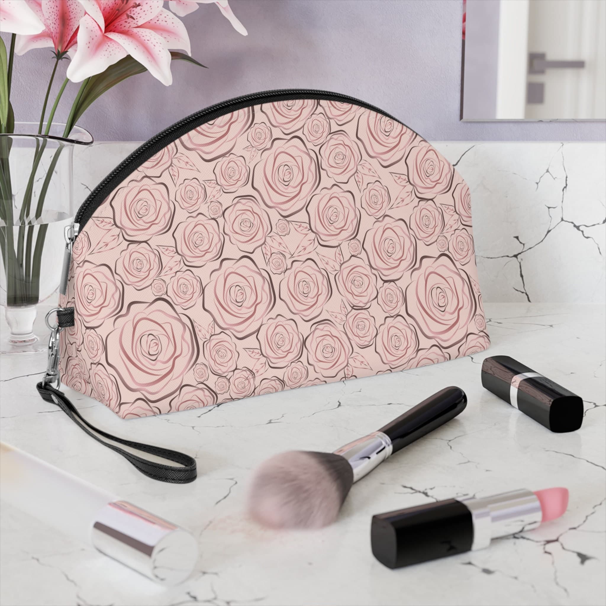 Coquette Makeup Bag, Floral Rose Pouch, Toiletry Women, Cosmetic, Faux Leather, Cute Pink Gift for Bride, Gift for Bridesmaid, Gift for Her