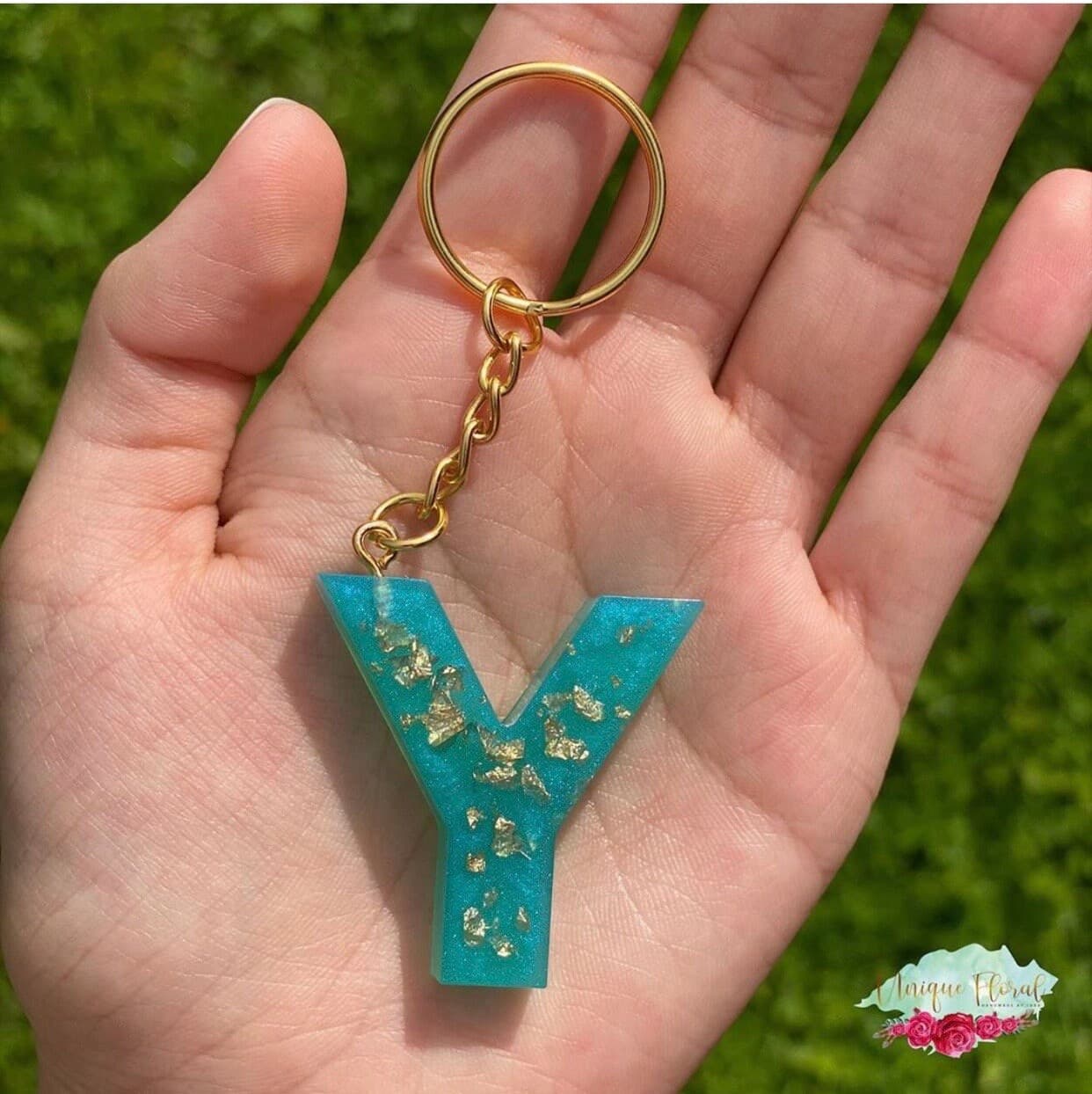 Initial Resin Keyring with Coloured Shimmer and Leaf Flakes