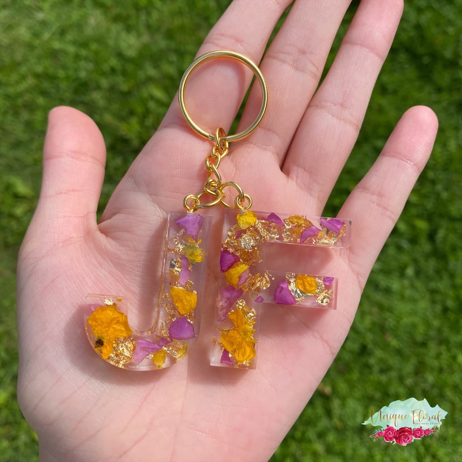 Initial Resin Keyring with Purple Rose Petals, Buttercups and Leaf Flakes - image 5