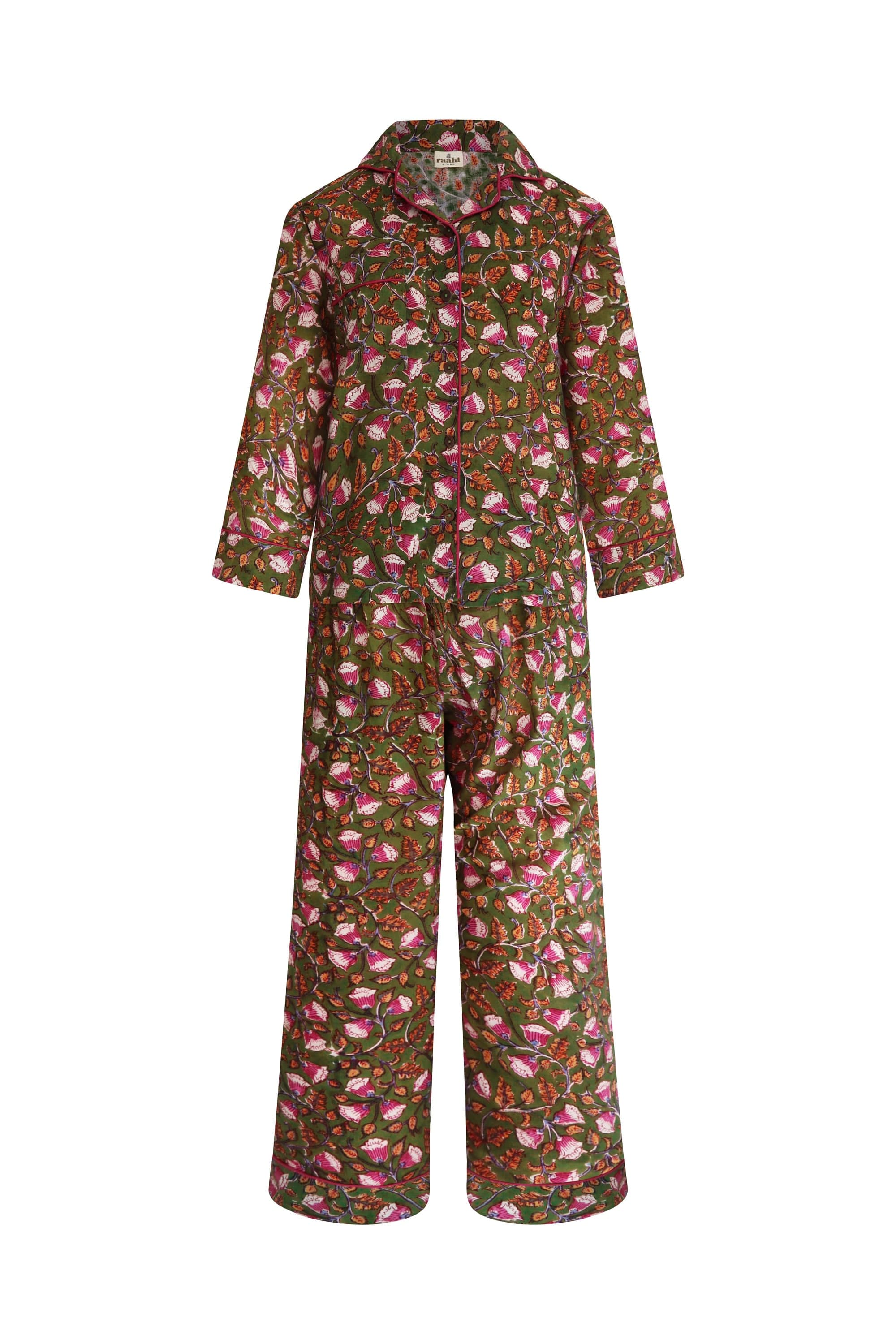 Hand Block Printed Organic Cotton Pajama Set, Floral PJs