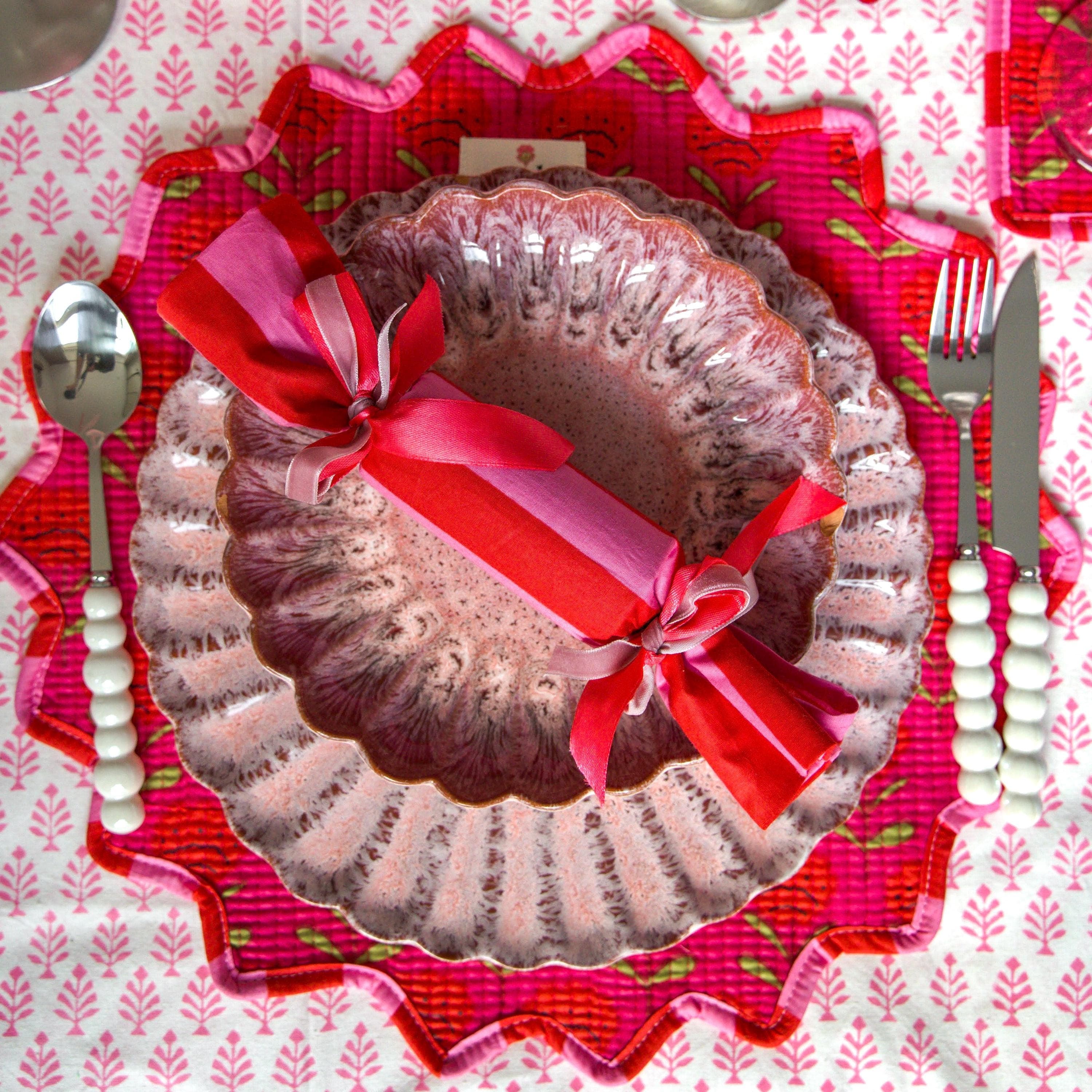 Quilted Round Block Printed Scalloped Placemats Set of 2| Reversible Cotton Table Linens with Napkins & Coasters | Hand Block Printed Decor - image 3