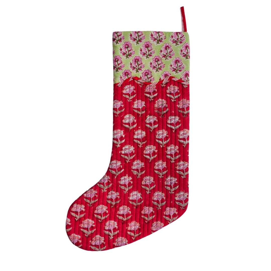 Luxury Quilted Reversible Christmas Stocking - Hand Block Printed Holiday Decor in 100% Cotton