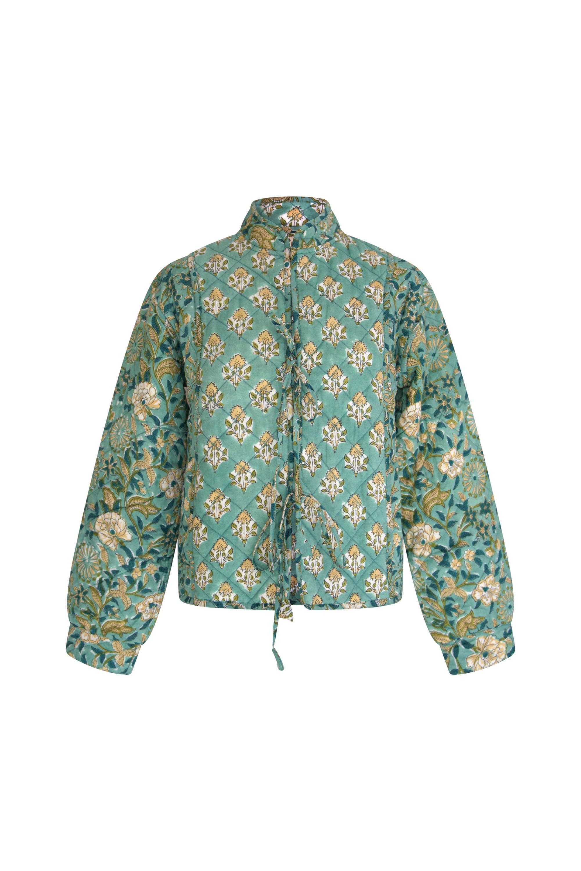 Hand Block Printed Quilted Jacket: Green Floral Organic Cotton Padded Indian Cotton Spring Summer