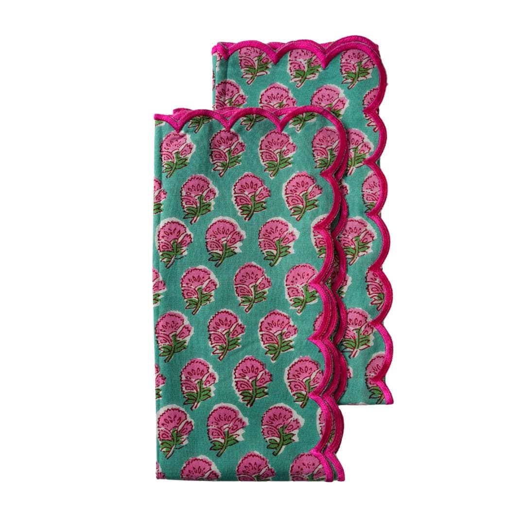 Hand Block Print Napkins, Set of 2, Scallop Edge, Floral Indian Cotton