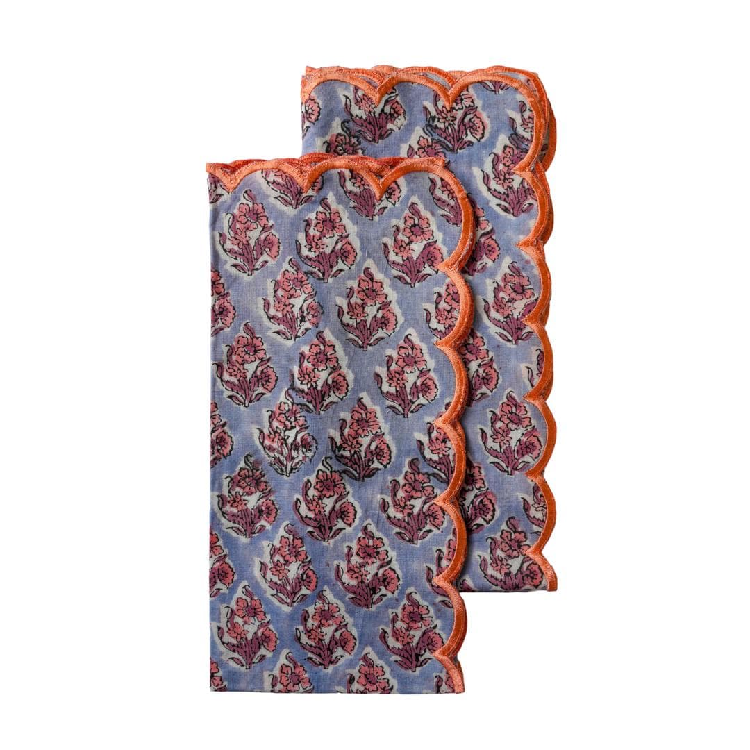 Hand Block Print Napkins (Set of 2) - Scallop Edge Embroidered Cotton Table Linens