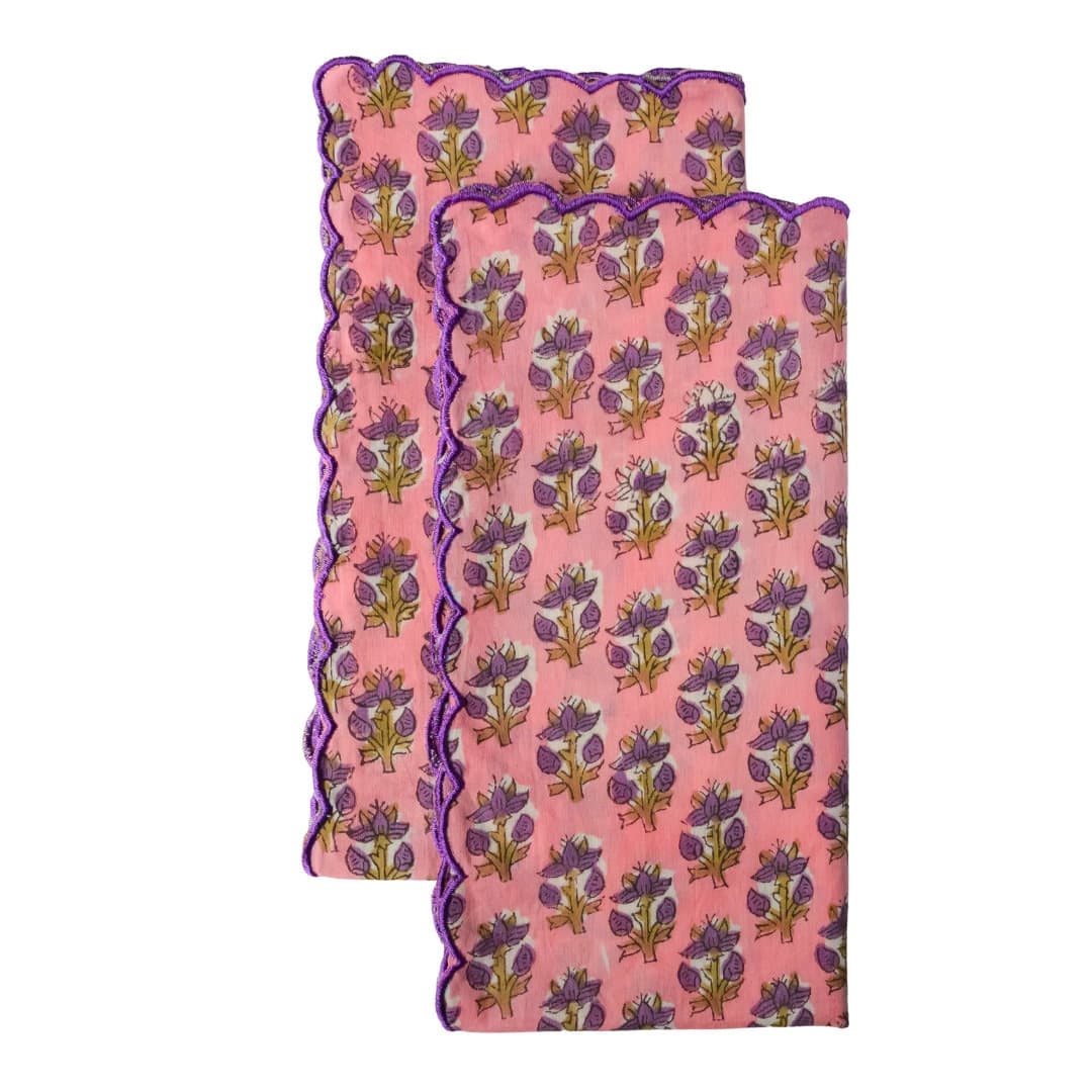 Hand Block Print Napkins, Scalloped Edge, Floral Cotton (Set of 2)