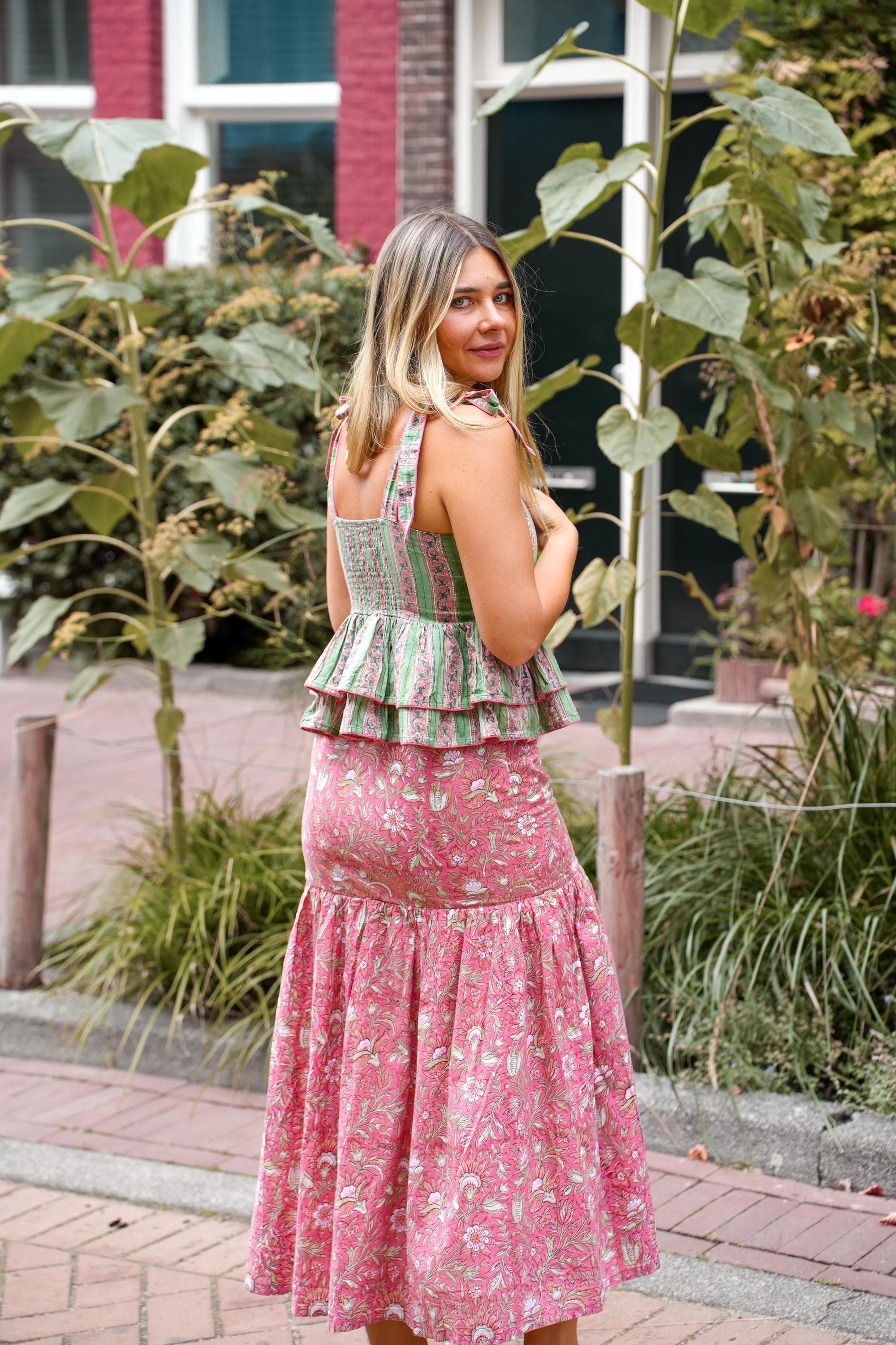 Hand Block Printed Cotton Co-ord Set: Rosewood Floral Peplum Top & Skirt