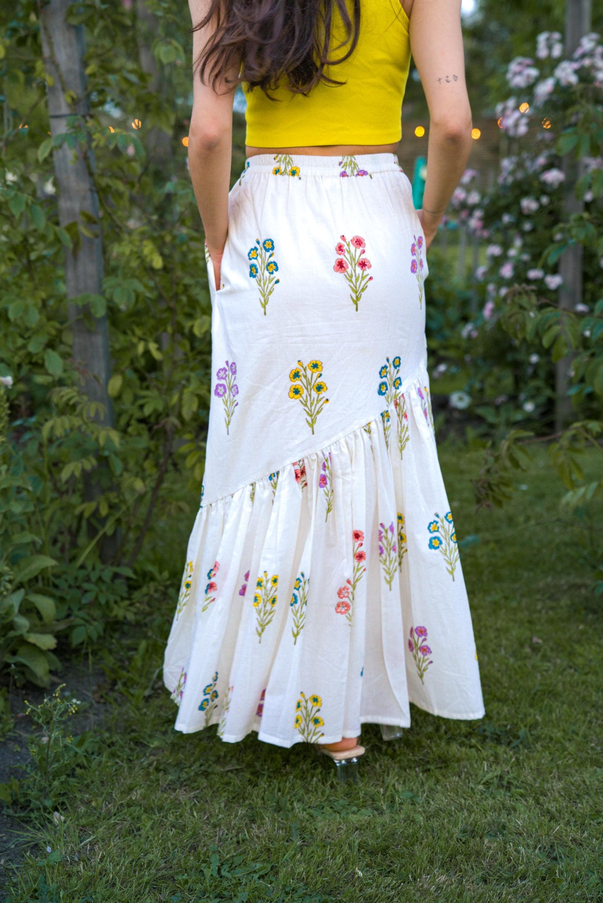 Hand Block Printed Floral Maxi Skirt - Organic Cotton Tiered Sundress - image 4