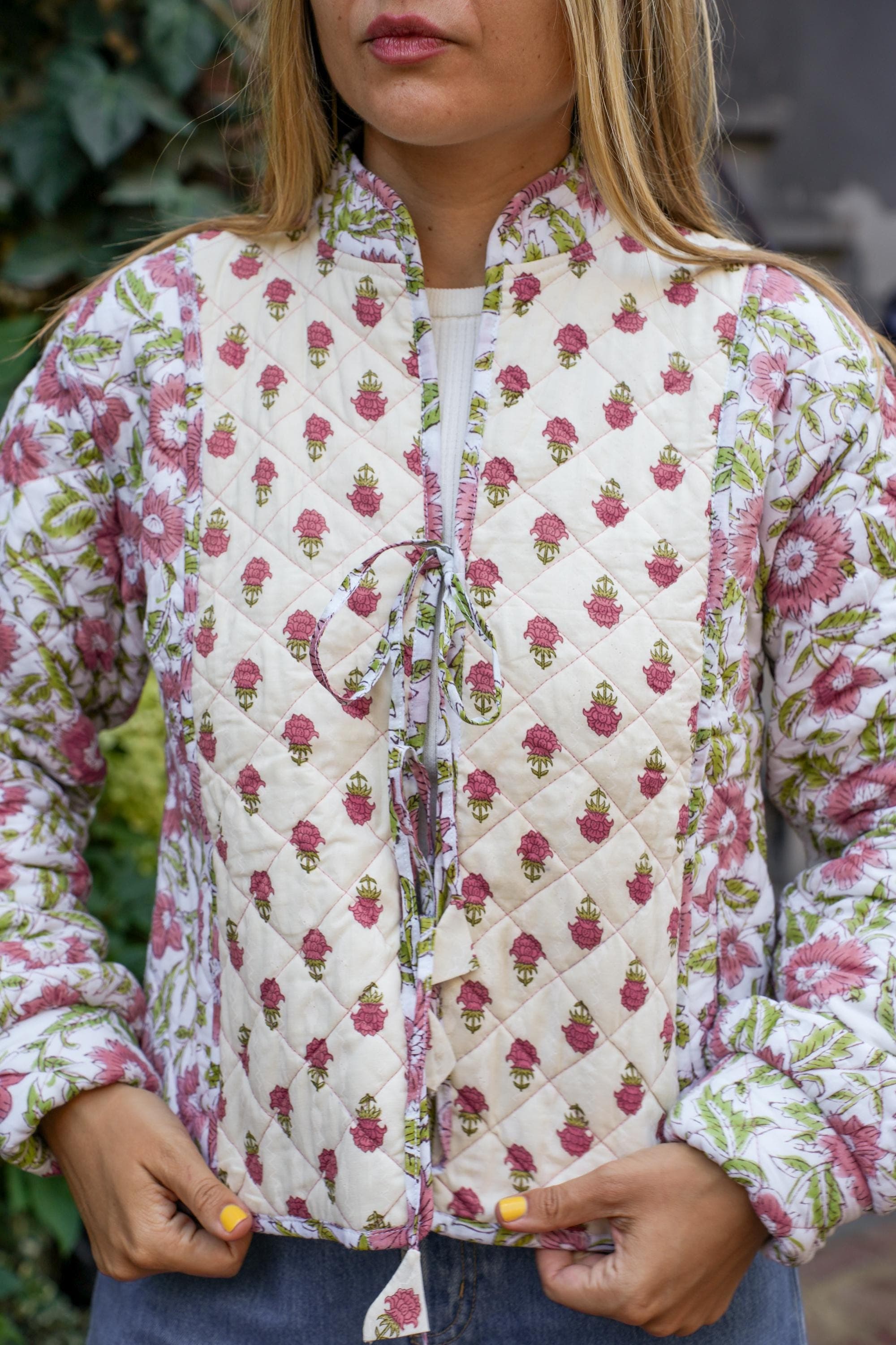 Hand Block Printed Quilted Jacket: Floral Organic Cotton, Spring Summer - image 3
