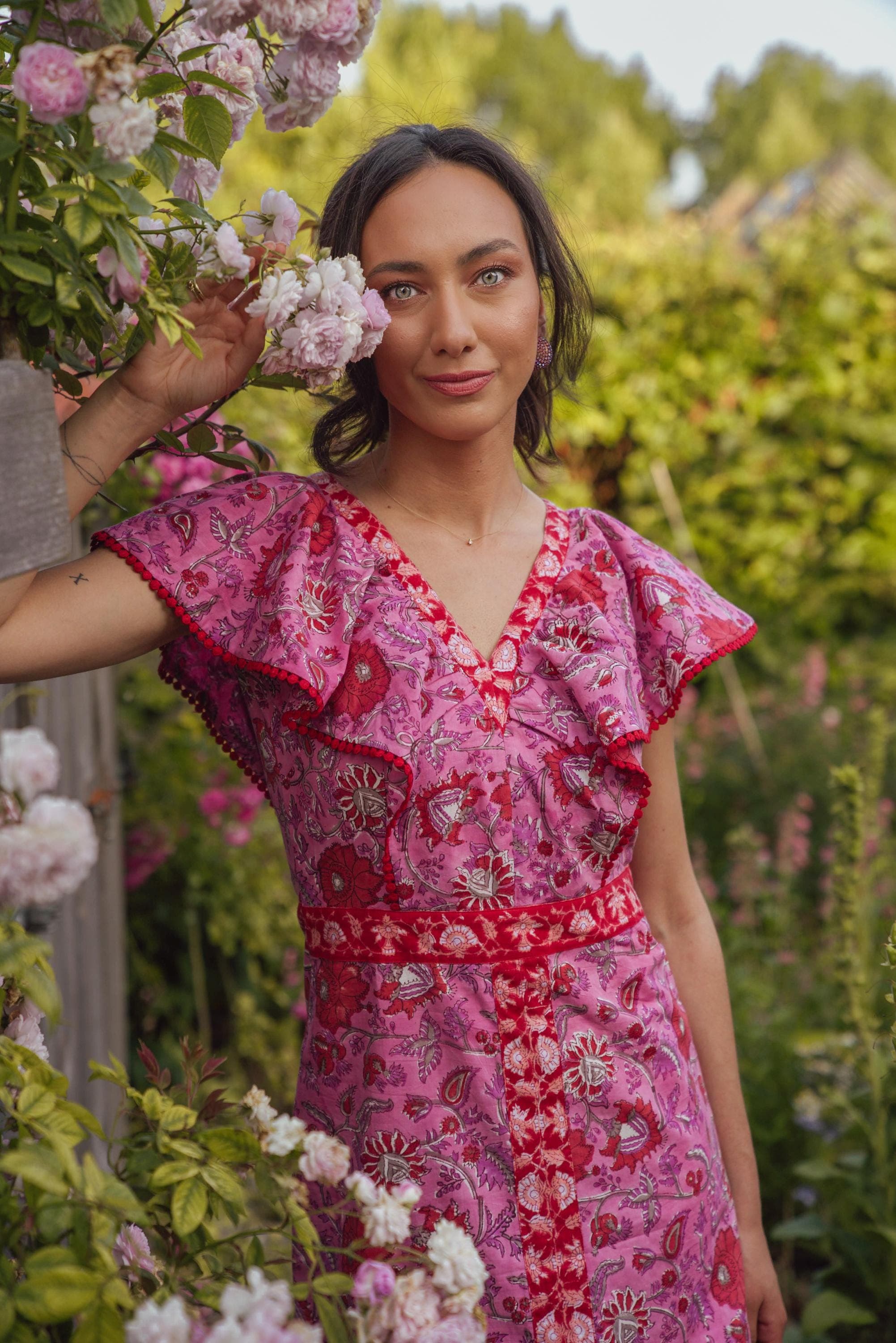 Hand Block Printed Cotton Maxi Dress, Magenta Red Floral Sundress - image 3